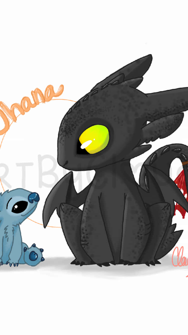 Toothless And Stitch, black dragon, glowing yellow eyes, HD Phone Wallpaper