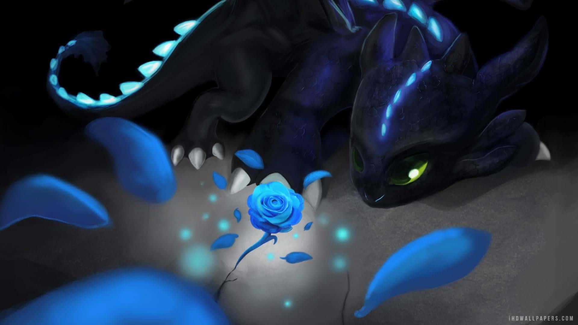 Toothless And Stitch, blue dragon, glowing green eyes, Full HD Desktop Wallpaper