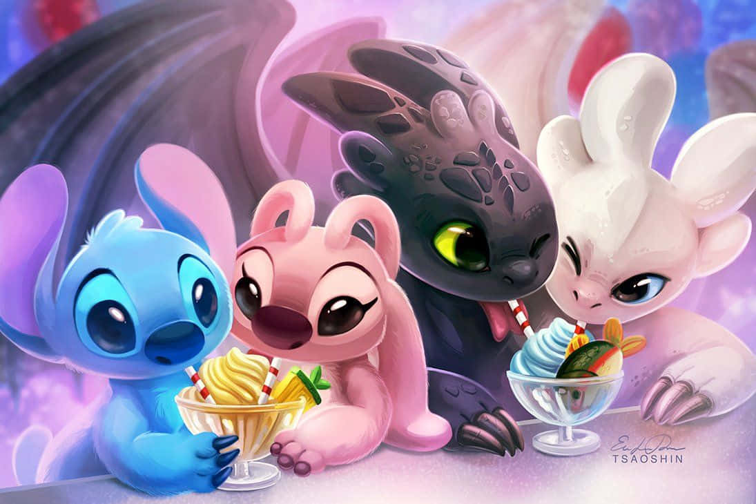 Toothless And Stitch, purple sky, ice cream sundaes, SD Desktop Wallpaper