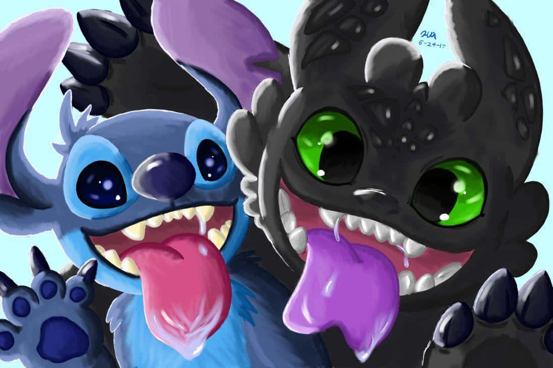 Toothless, Stitch, anime-style illustration, SD Desktop Wallpaper