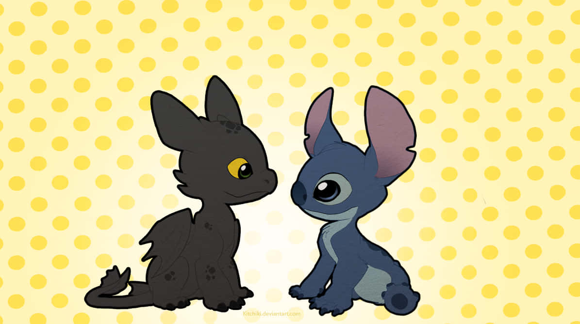 Toothless, Stitch, yellow polka dot background, SD Desktop Wallpaper
