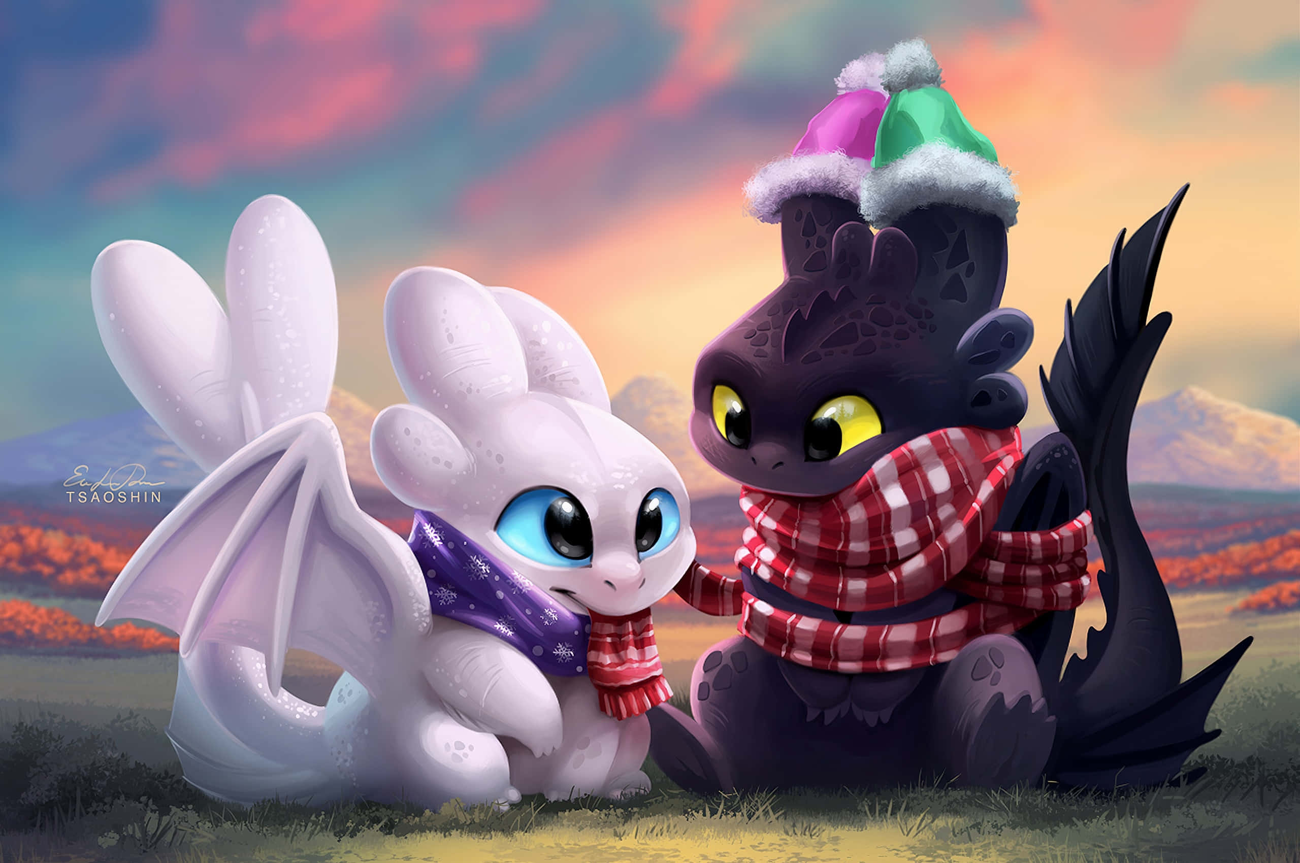 Toothless, Stitch, sunset field, 2K Desktop Wallpaper