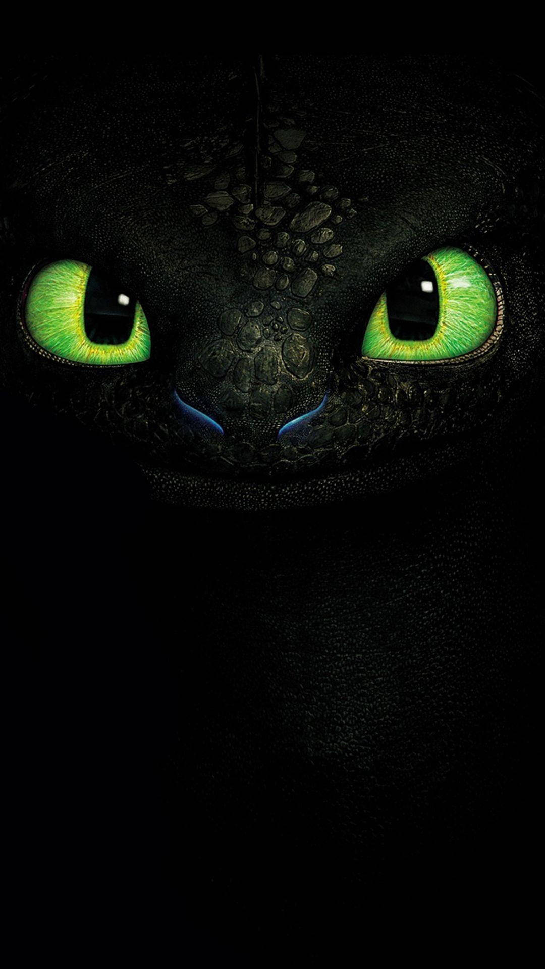 Toothless, black dragon, glowing green eyes, Full HD Phone Wallpaper