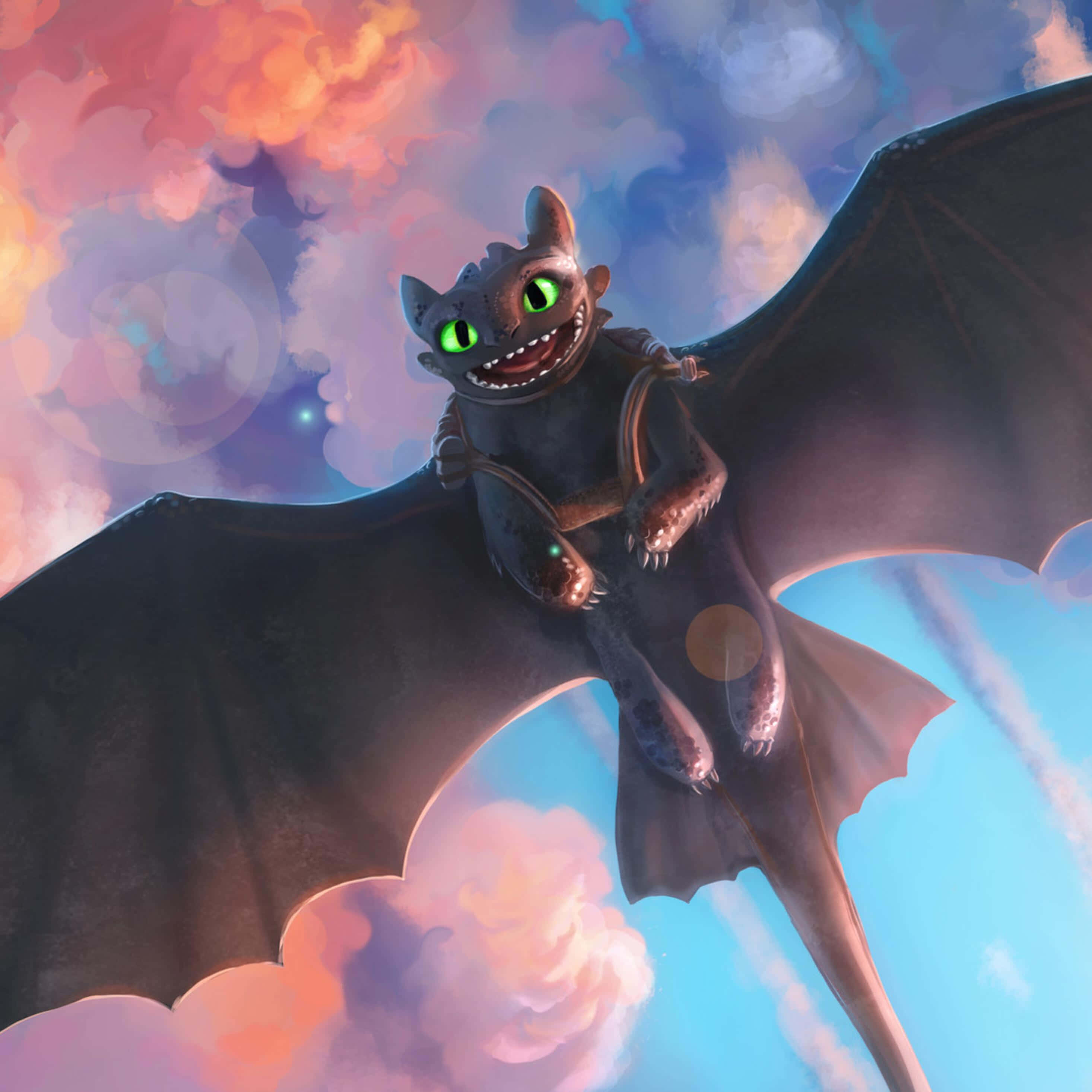 Toothless, dragon, glowing green eyes, 2K Desktop Wallpaper