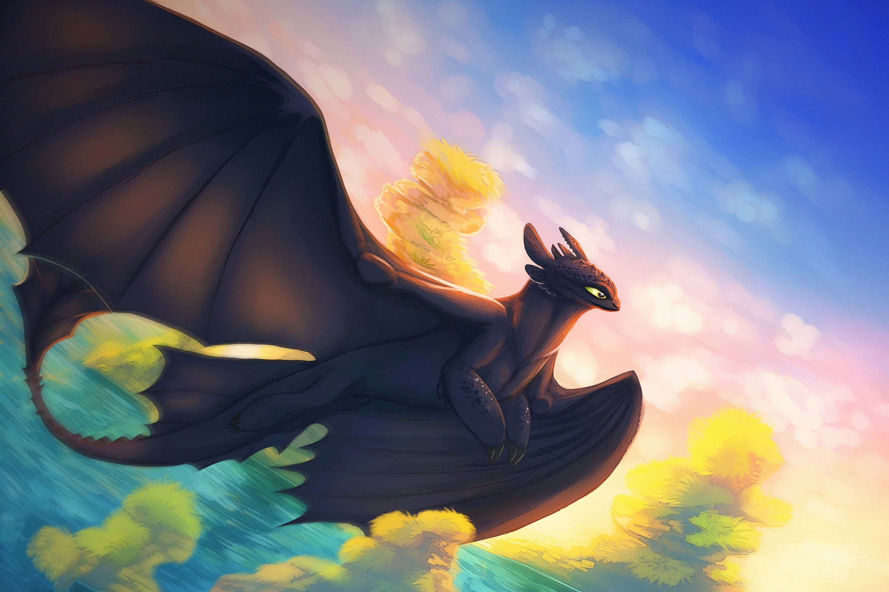 Toothless, sunset, black dragon, 2K Desktop Wallpaper