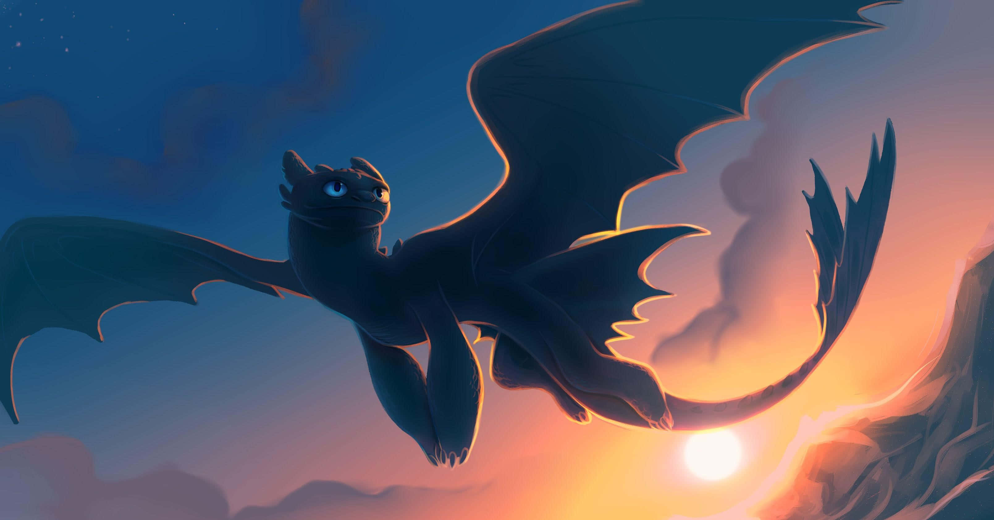 Toothless, sunset, twilight sky, 2K Desktop Wallpaper