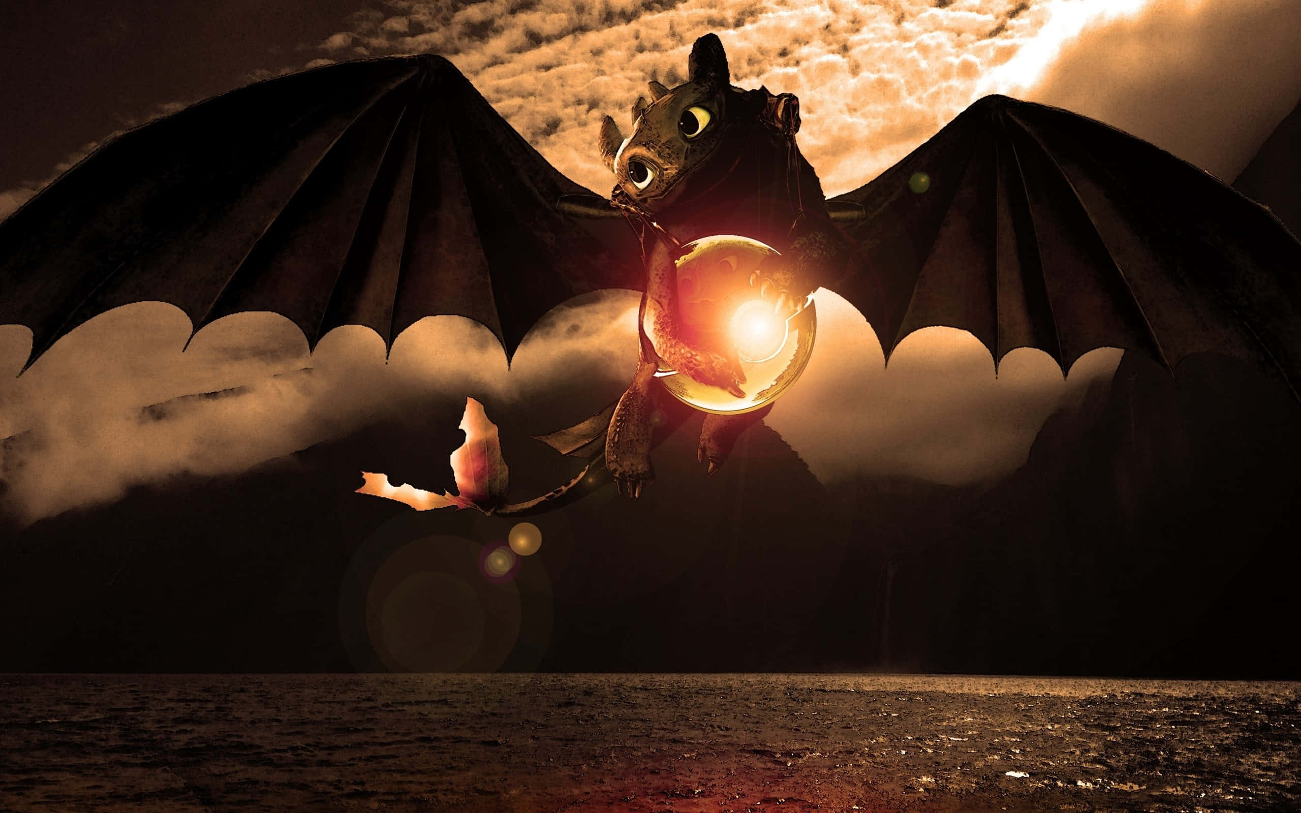 Toothless, black dragon, glowing eyes, 2K Desktop Wallpaper
