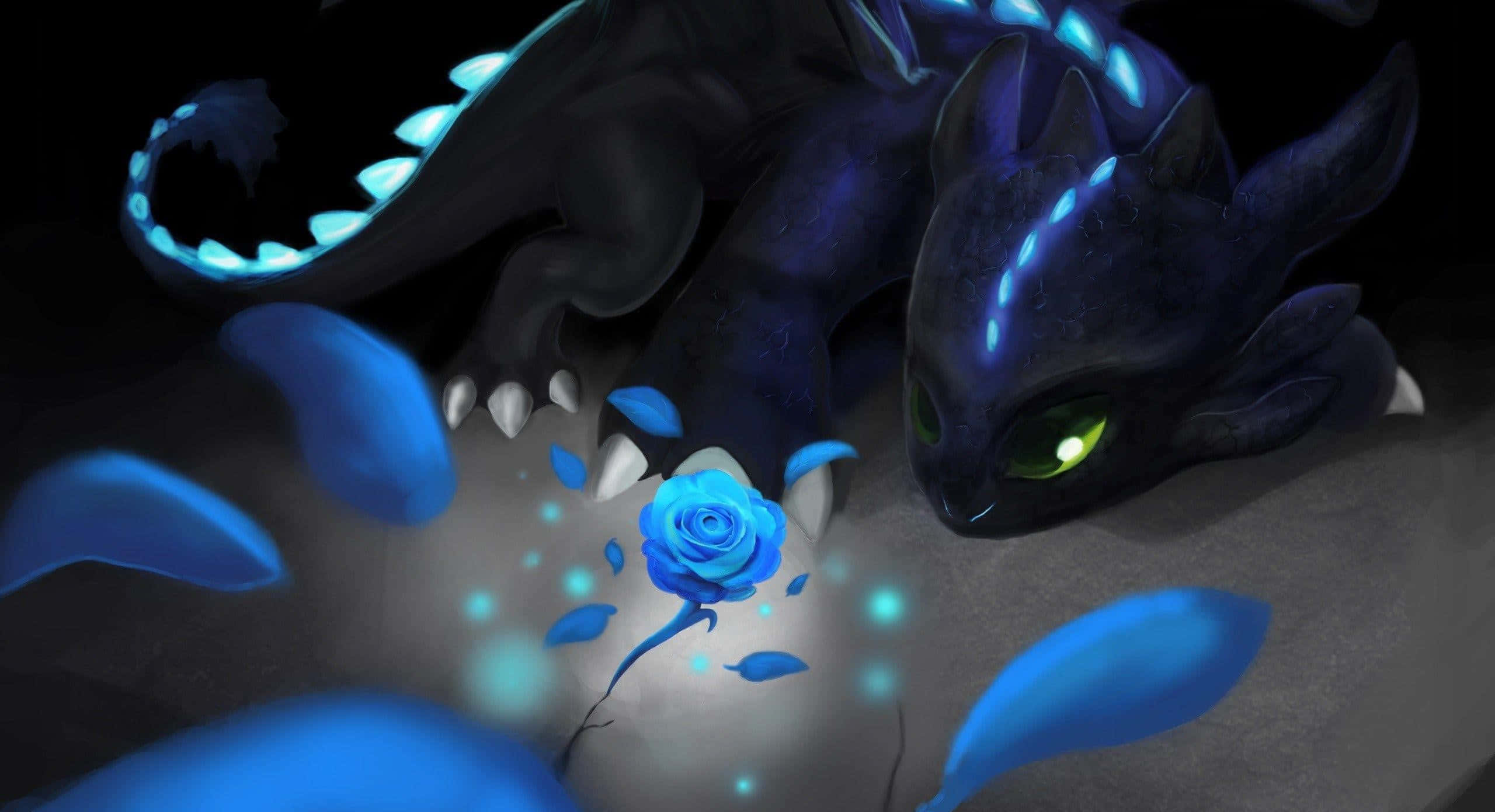 Toothless, glowing blue rose, glowing green eyes, 2K Desktop Wallpaper