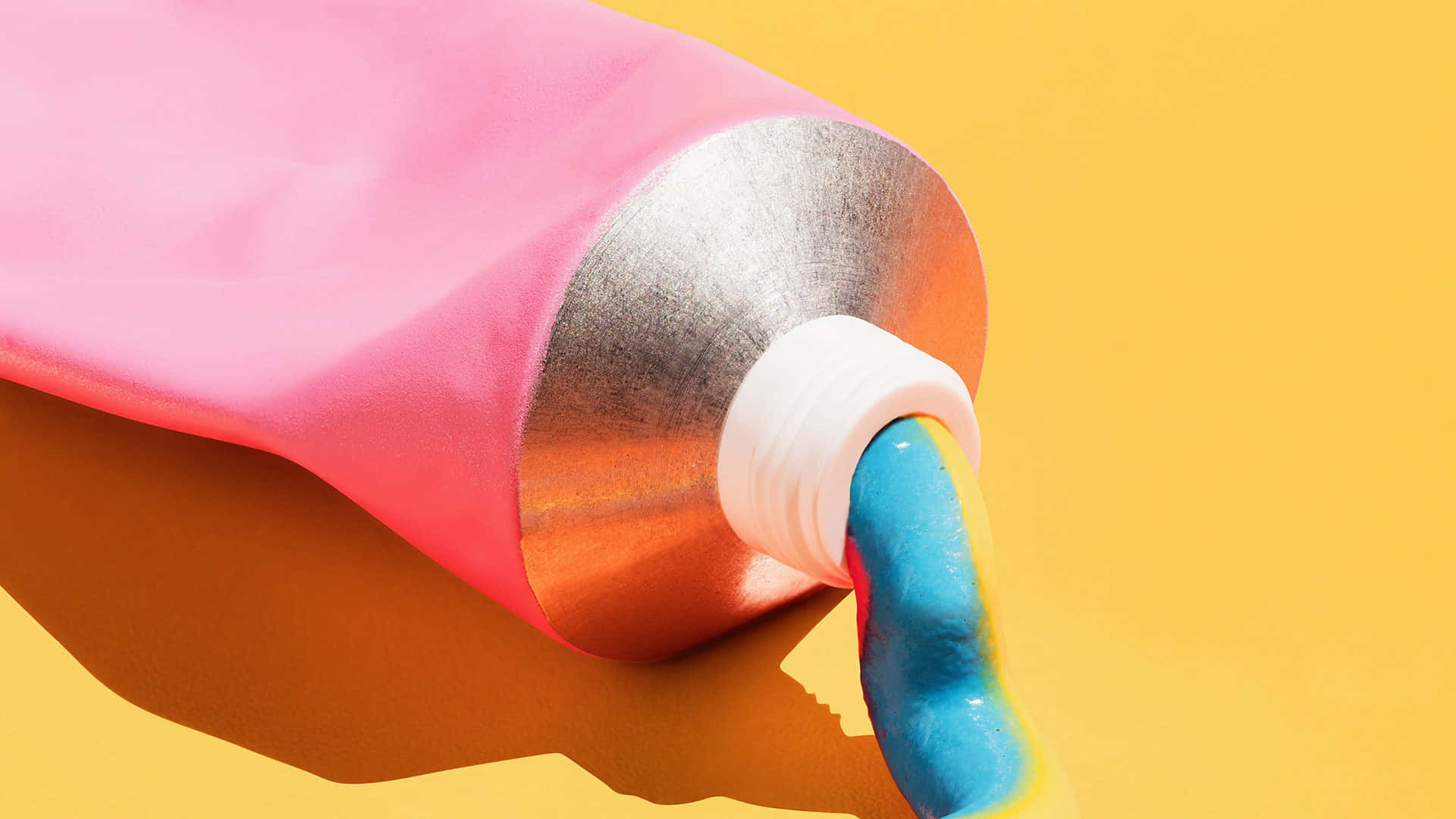 pink metallic paint tube, bright blue paint, sunny yellow background, Full HD Desktop Wallpaper
