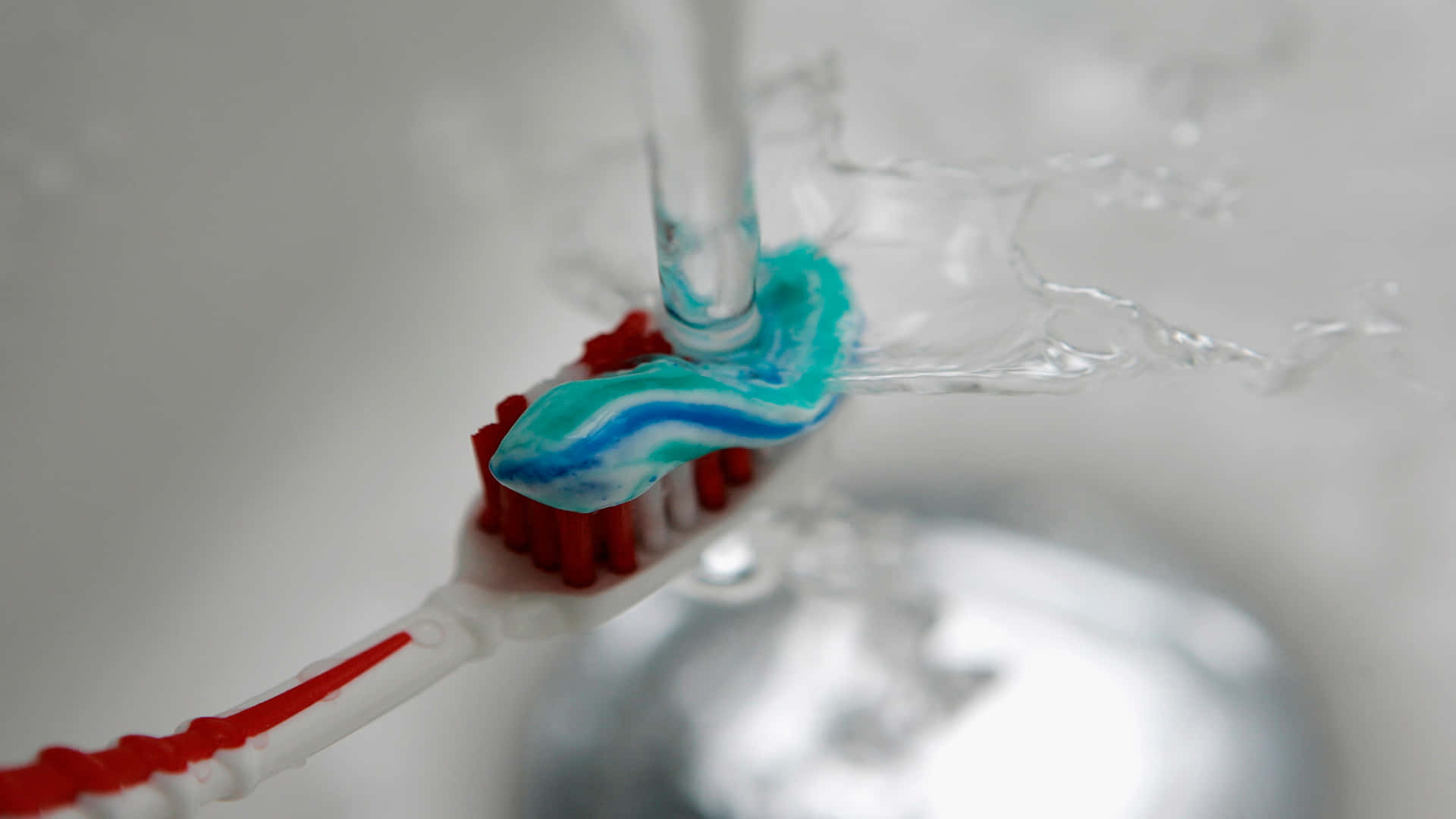 red toothbrush, blue toothpaste, clear water stream, Full HD Desktop Wallpaper