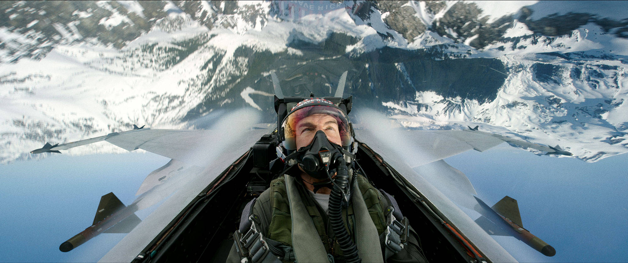Top Gun Maverick, fighter jet cockpit, snowcapped mountains, Full HD Desktop Wallpaper
