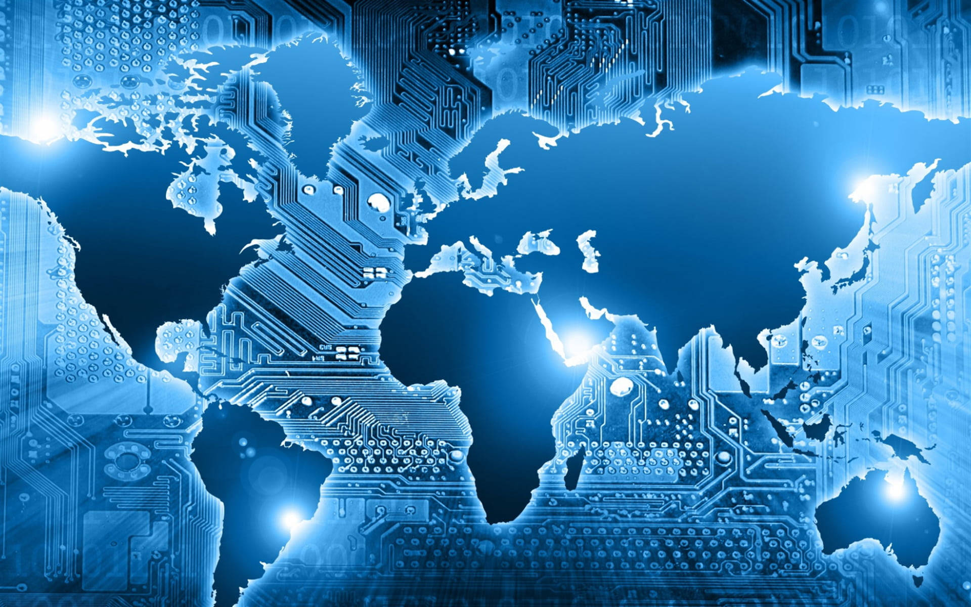 glowing blue world map, circuit board, bright light sources, Full HD Desktop Wallpaper