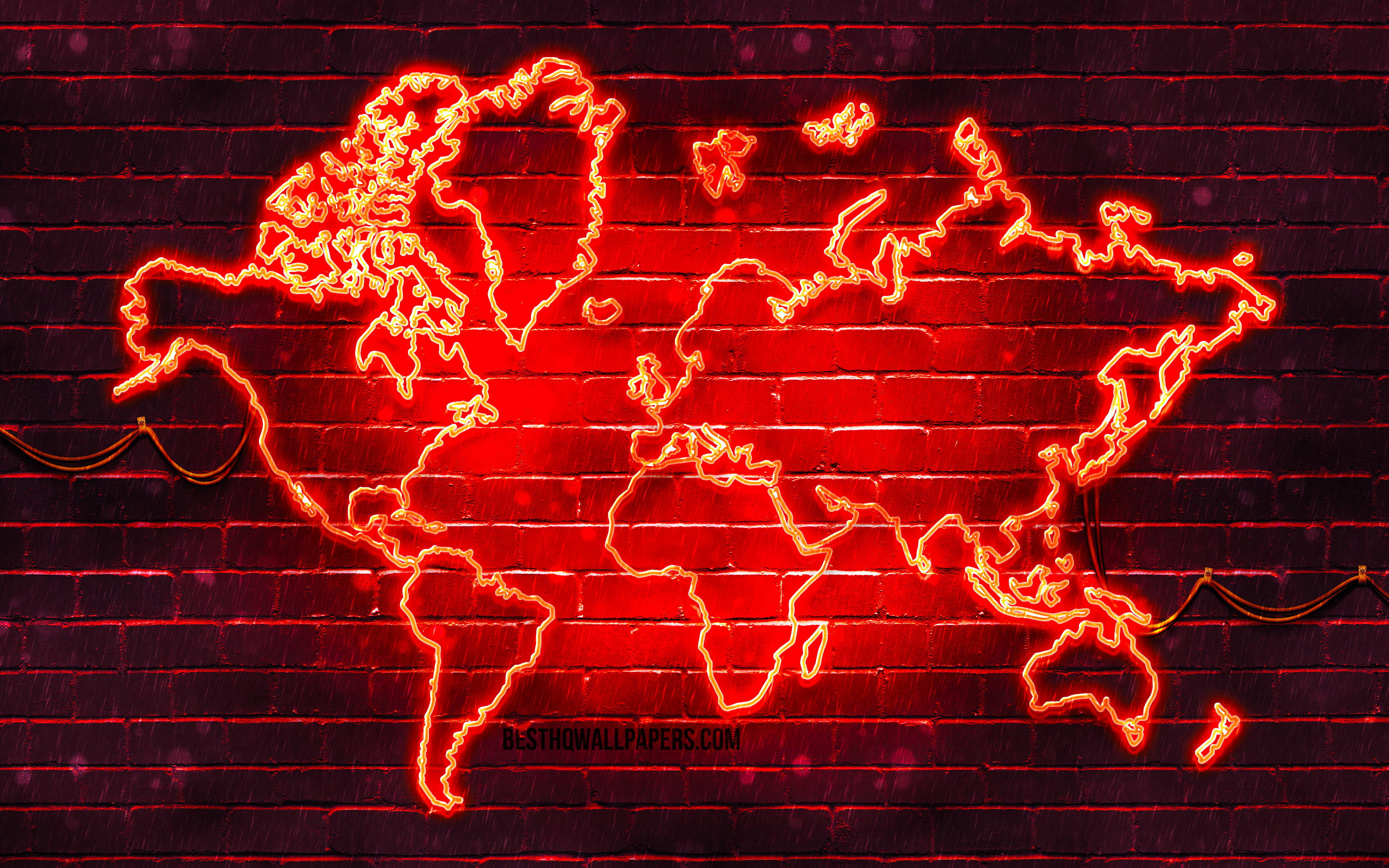 glowing red neon world map, dark brick wall, vibrant electric light, 4K Desktop Wallpaper