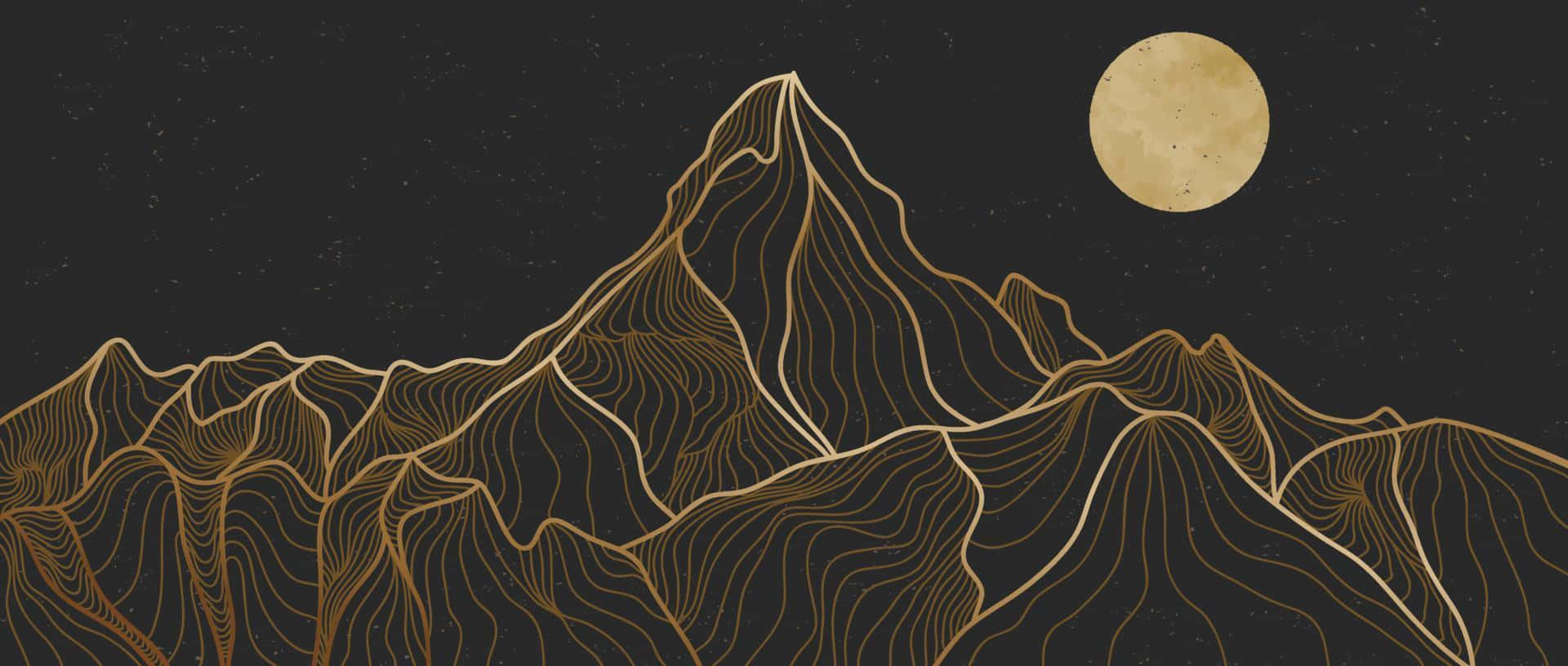 Golden line-art mountains, starry night sky, full moon, Full HD Desktop Wallpaper