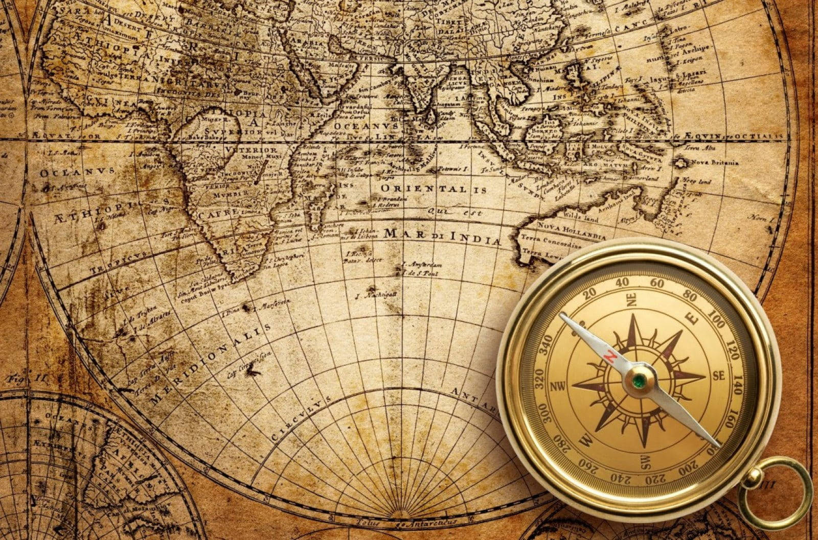 antique brass compass, vintage world map, faded ink, HD Desktop Wallpaper