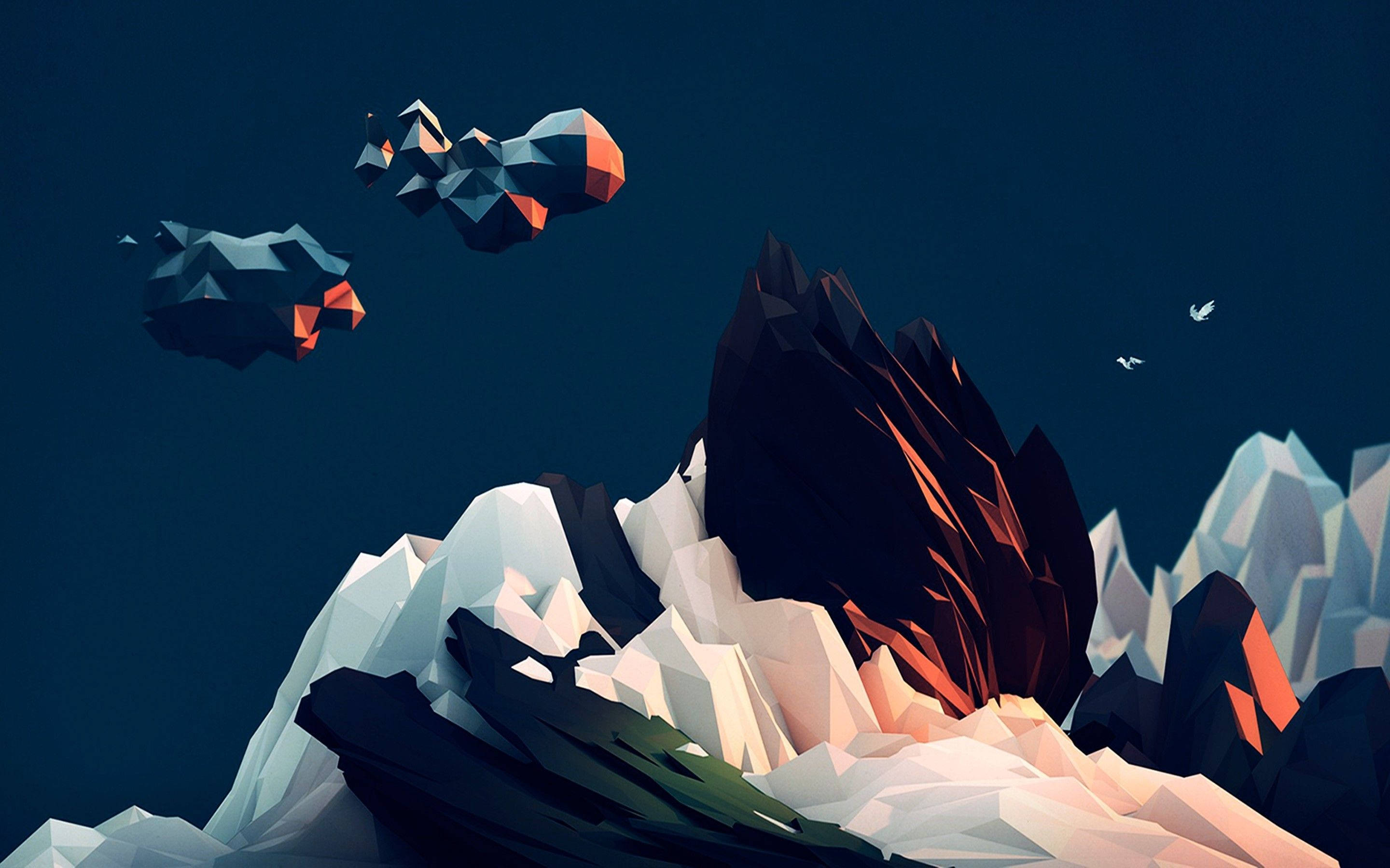 low poly mountain peak, glowing orange accents, deep blue sky, 2K Desktop Wallpaper