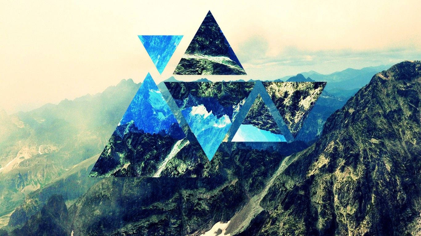 stone triangles, snow-capped mountain, hazy sky, HD Desktop Wallpaper