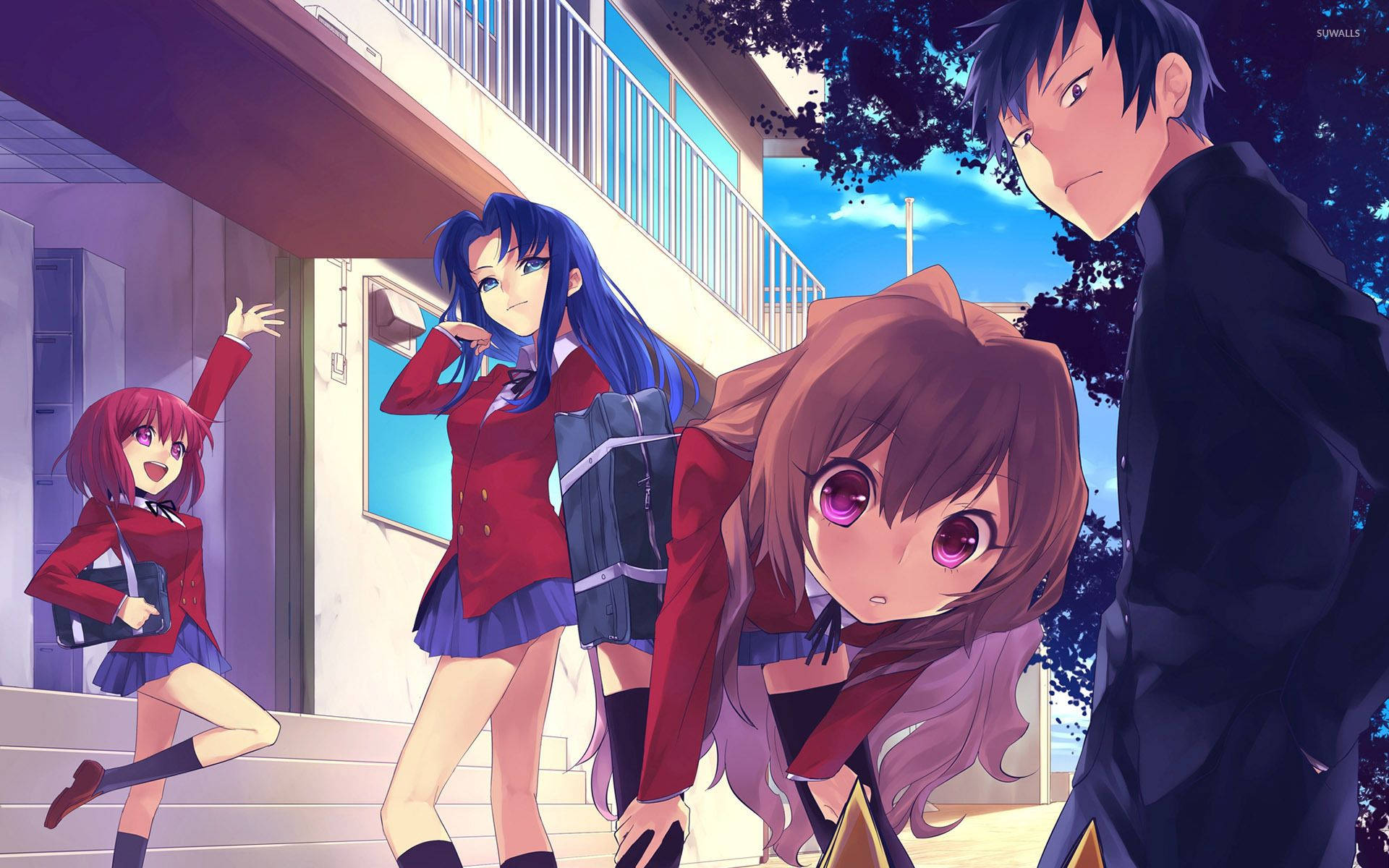 Toradora, red school uniforms, sunny school staircase, Full HD Desktop Wallpaper