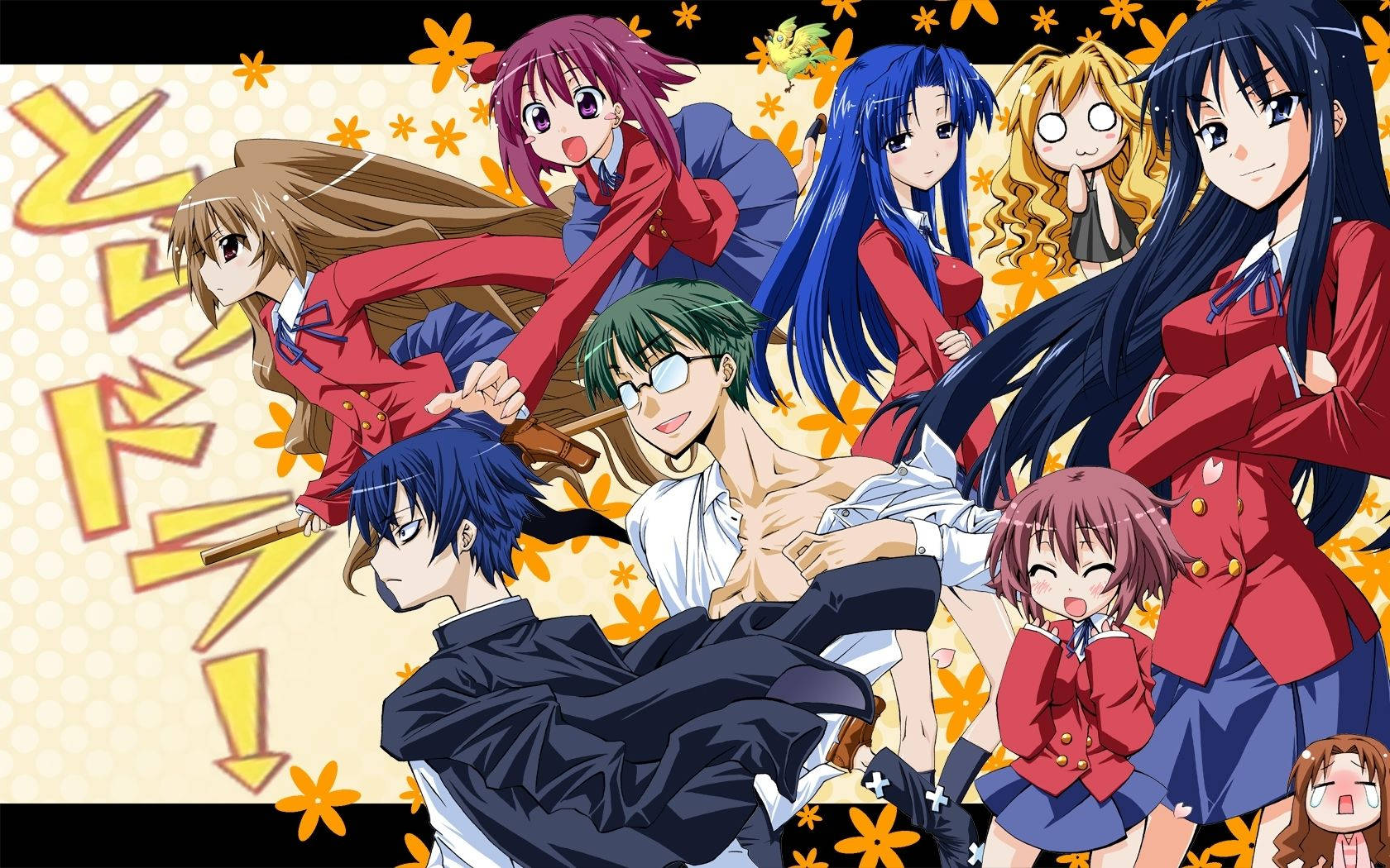 Toradora, red uniforms, yellow floral background, HD Desktop Wallpaper