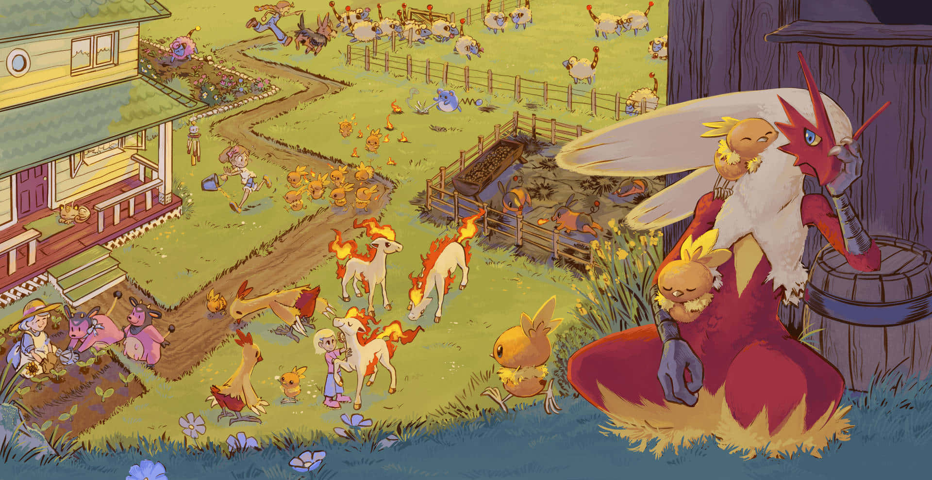 Torchic, fire-type Pokémon, whimsical farm scene, Full HD Desktop Wallpaper