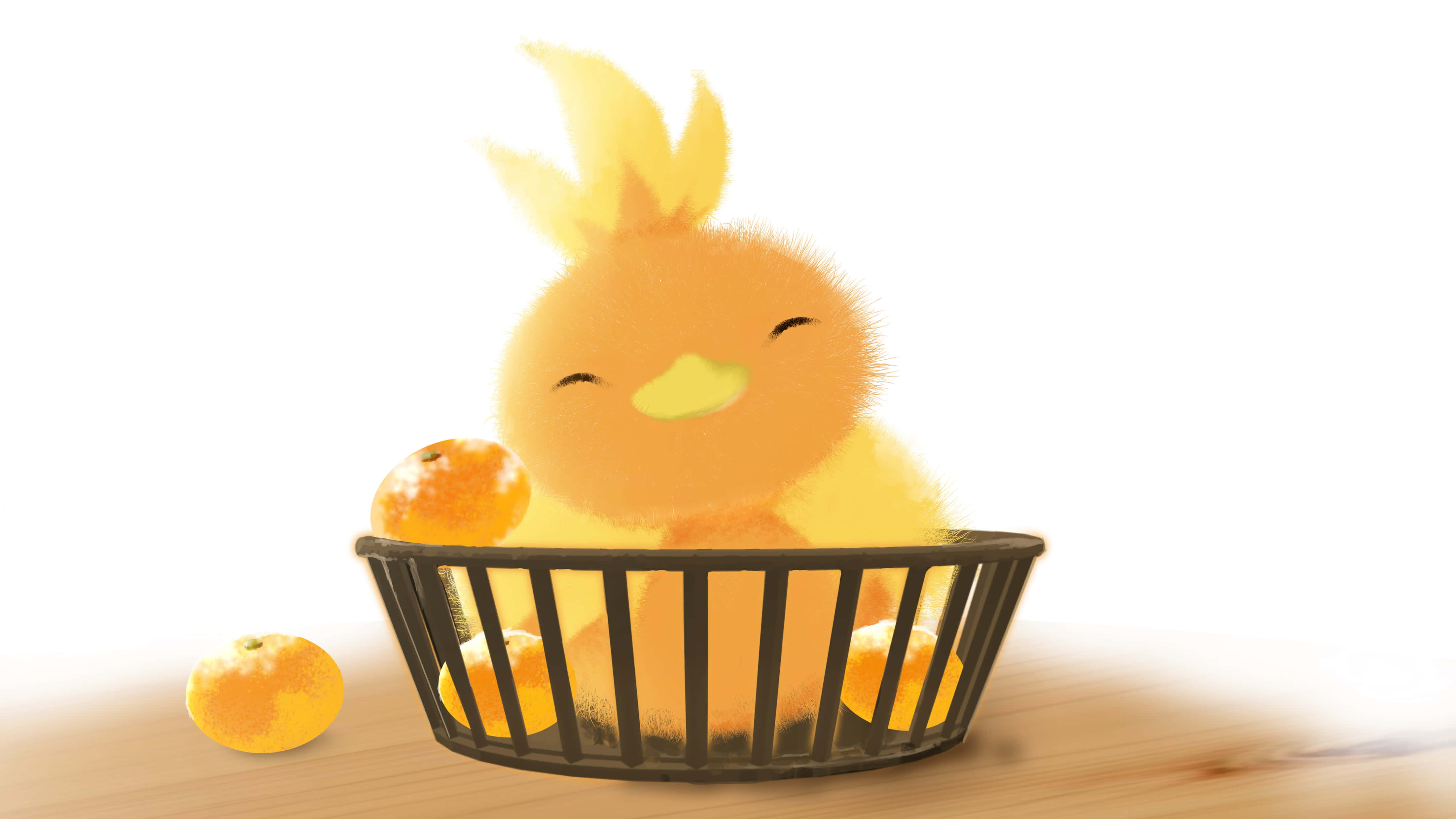 Torchic, yellow chick, black wire basket, 4K Desktop Wallpaper