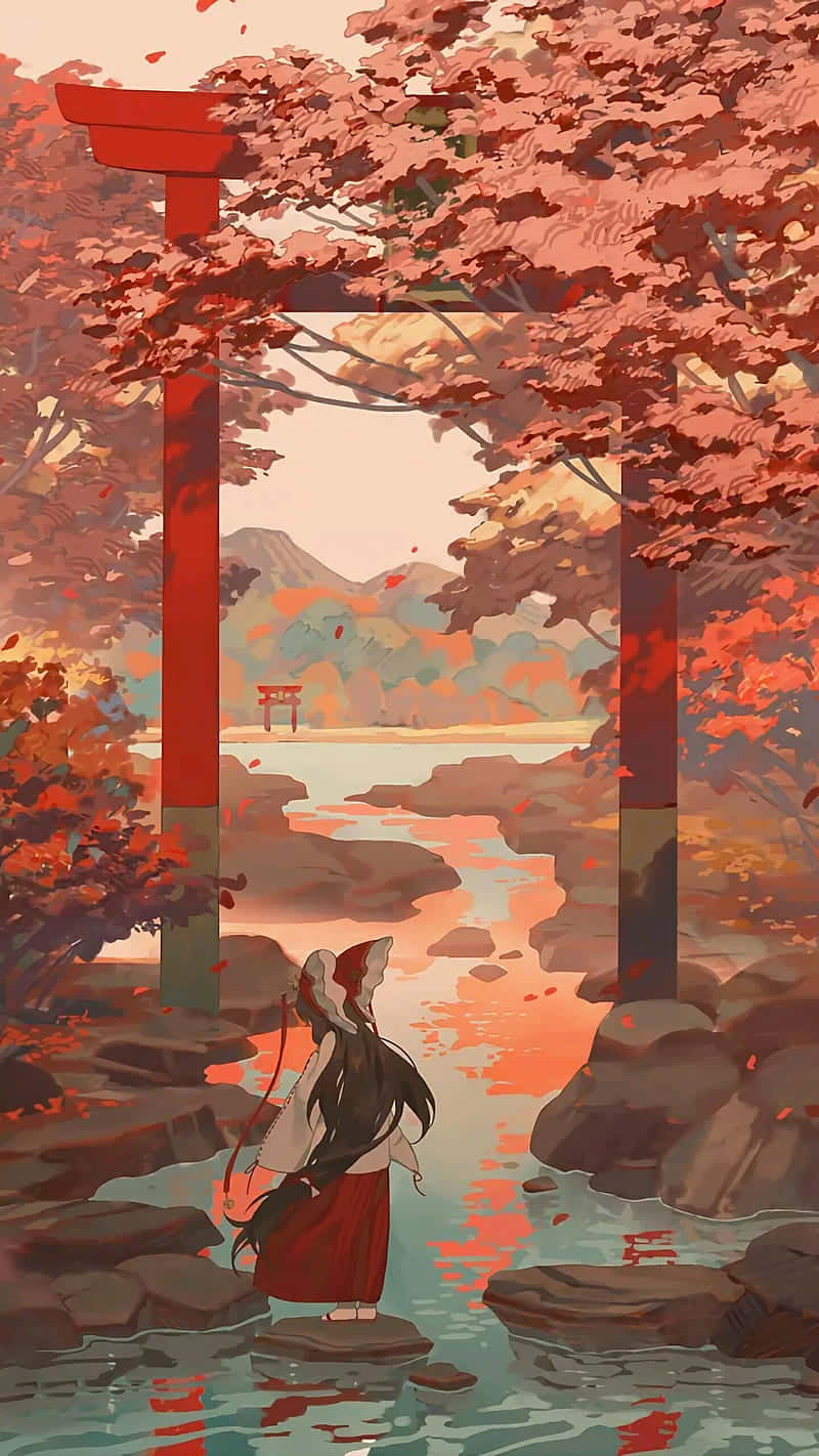 torii gate, autumn maple trees, traditional attire, HD Phone Wallpaper