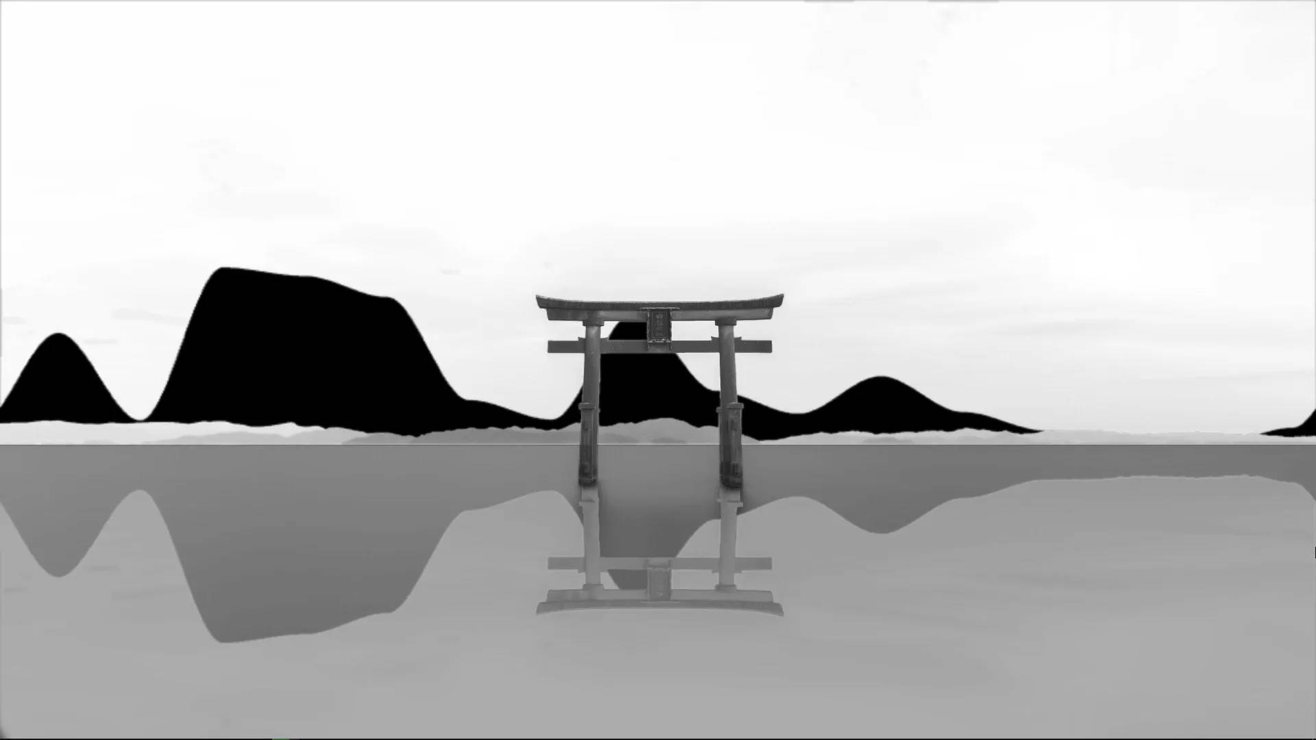 torii gate, black and white, calm water, Full HD Desktop Wallpaper