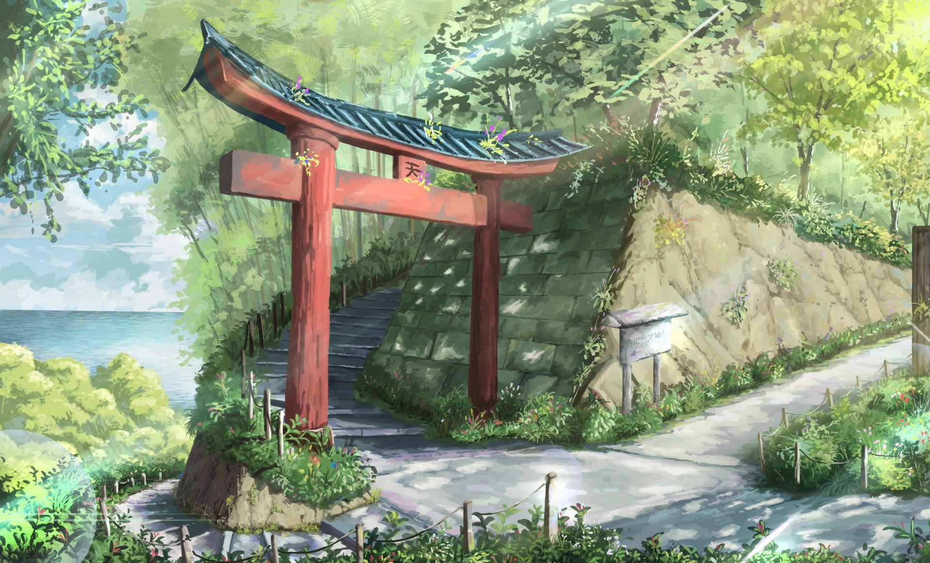 torii gate, forest coastal path, lush greenery, HD Desktop Wallpaper