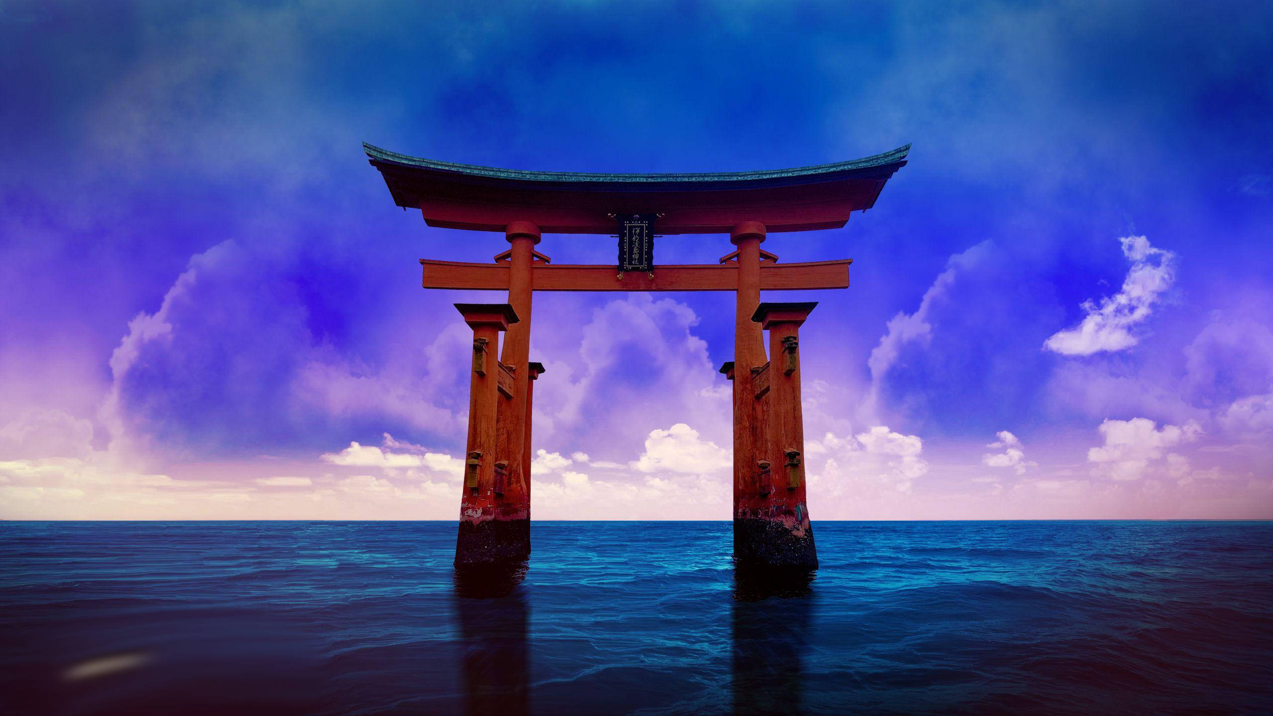 torii gate, red torii gate, calm ocean waters, 2K Desktop Wallpaper