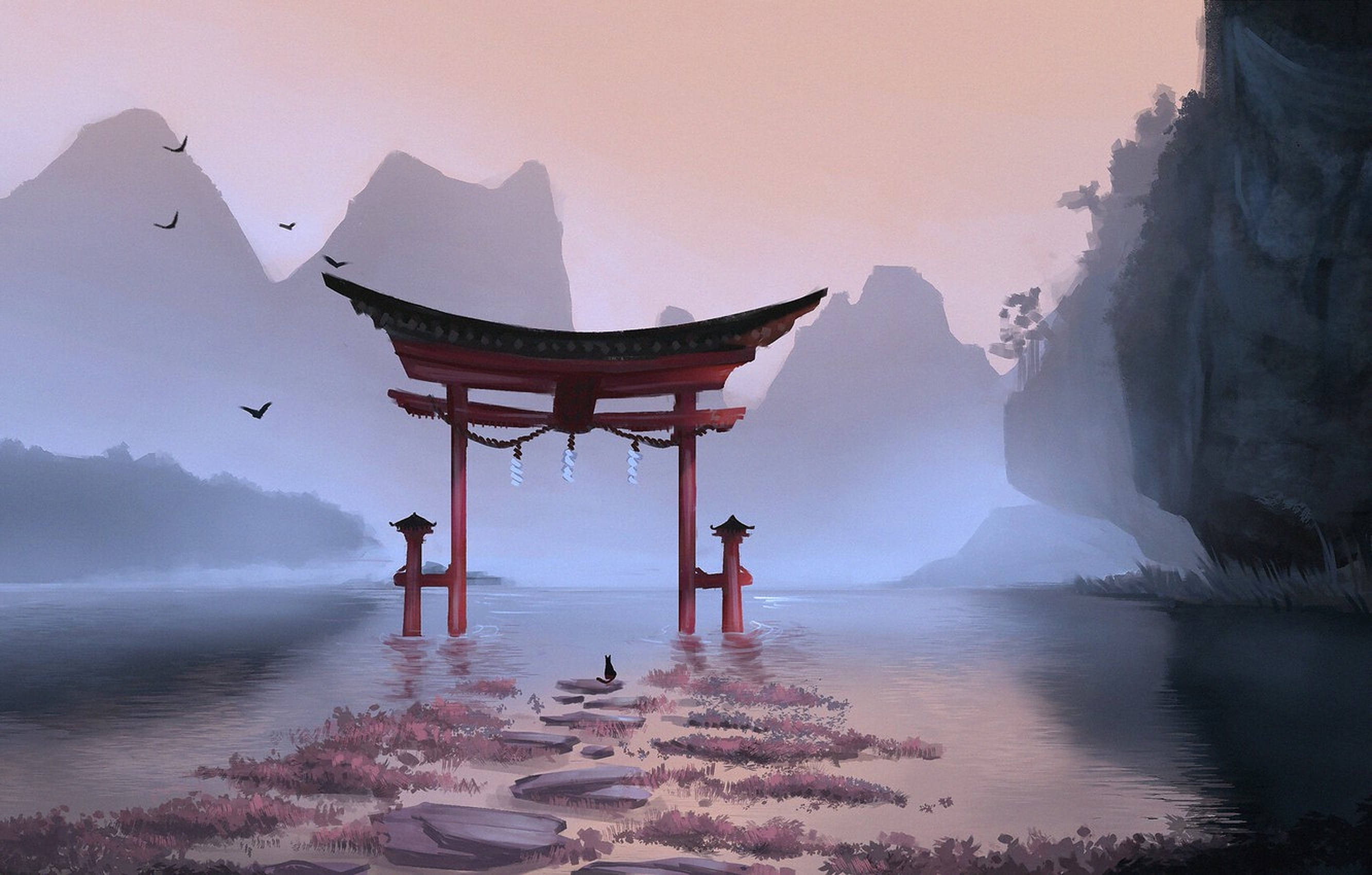 foggy torii gate, red torii gate, misty water, 2K Desktop Wallpaper
