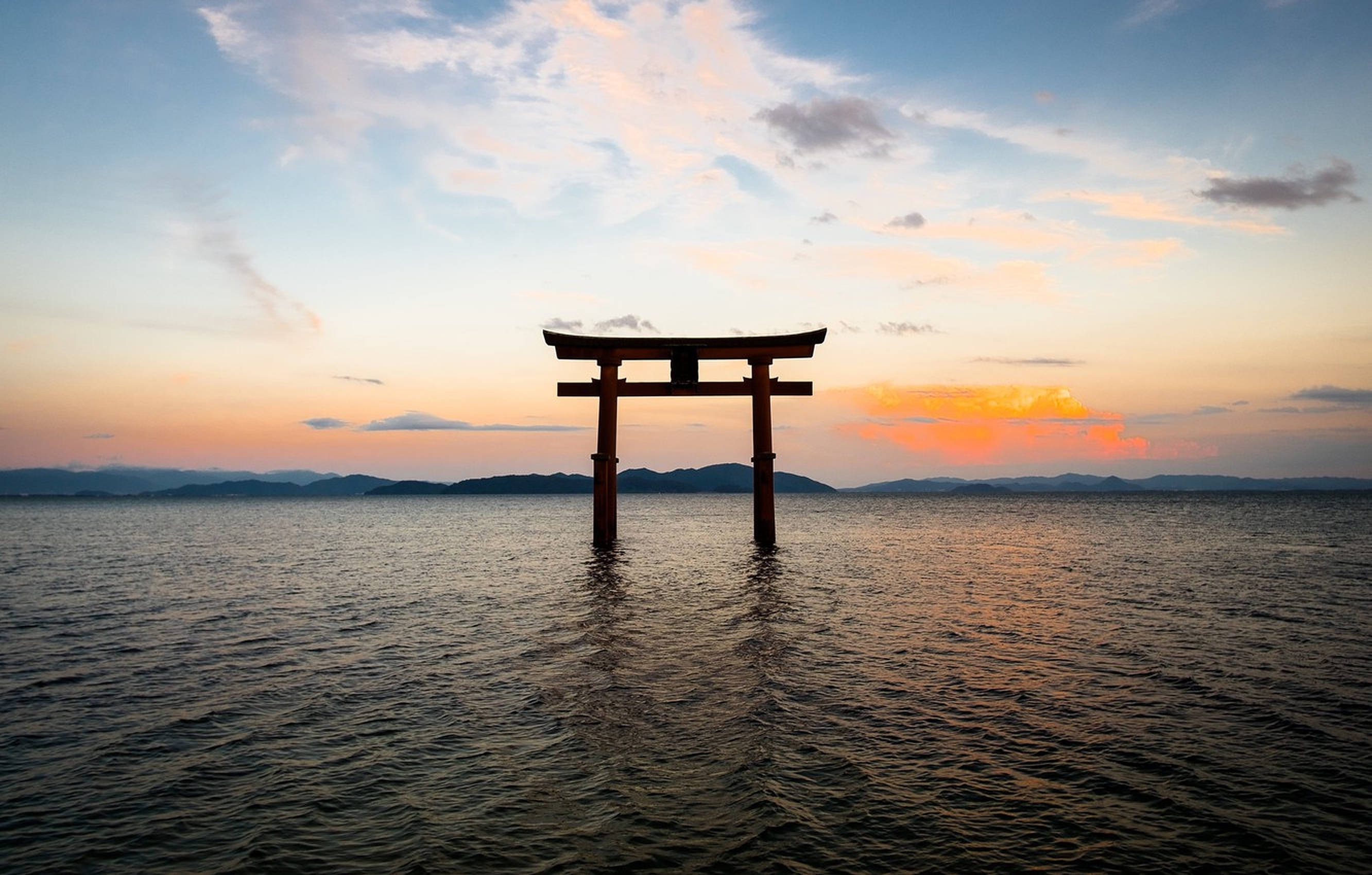 torii gate, calm waters, sunset, 2K Desktop Wallpaper