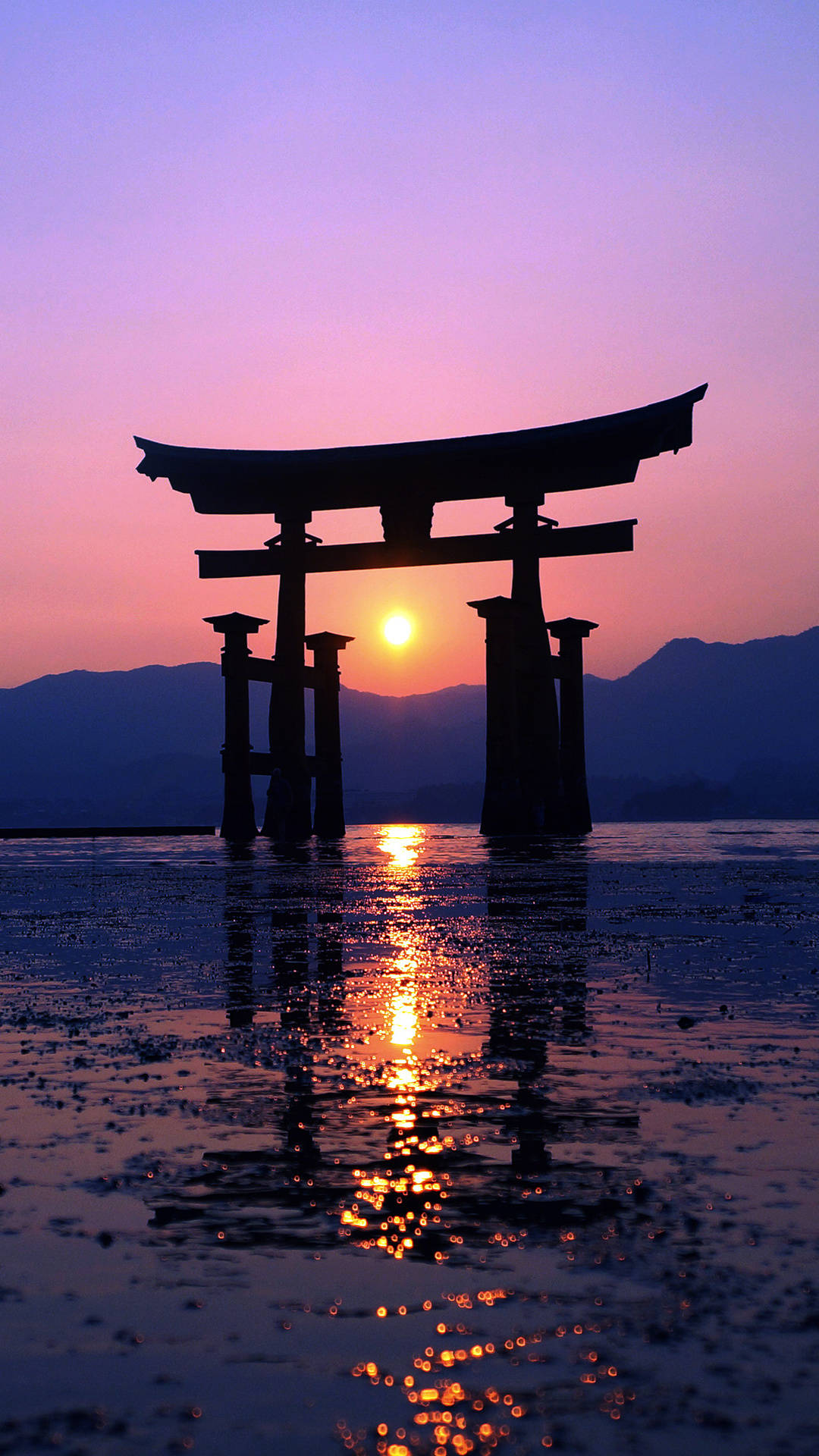 torii gate, sunset sky, calm water, Full HD Phone Wallpaper