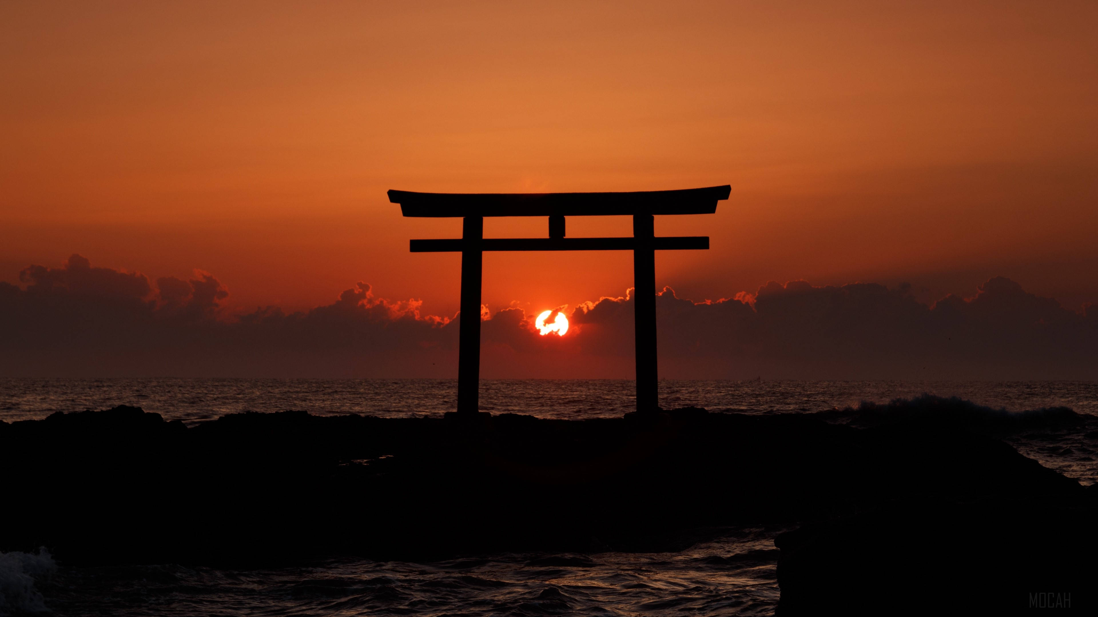 torii gate, sunset, rocky shores, 4K Desktop Wallpaper