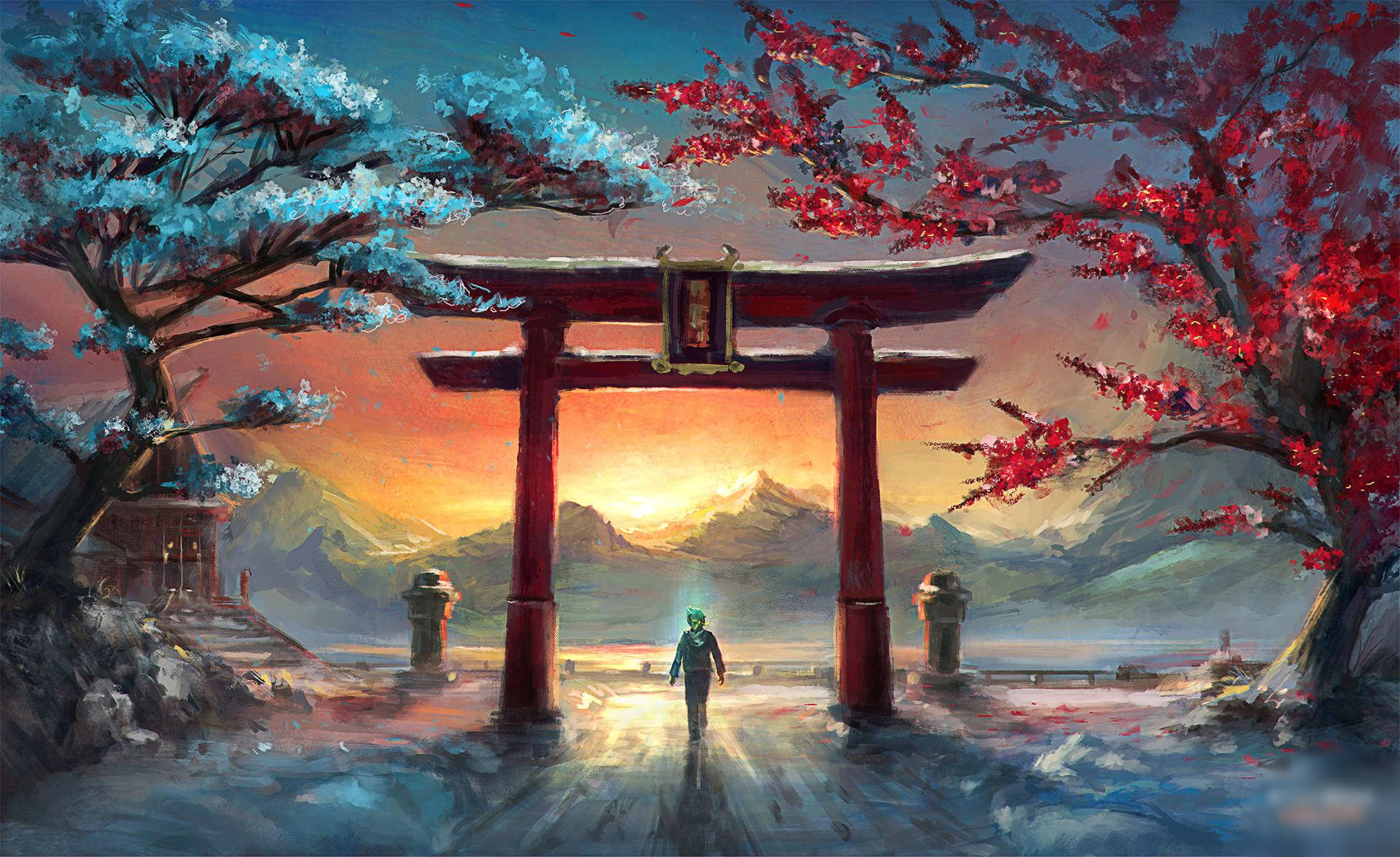 torii gate, cherry blossoms, vibrant sunset sky, Full HD Desktop Wallpaper
