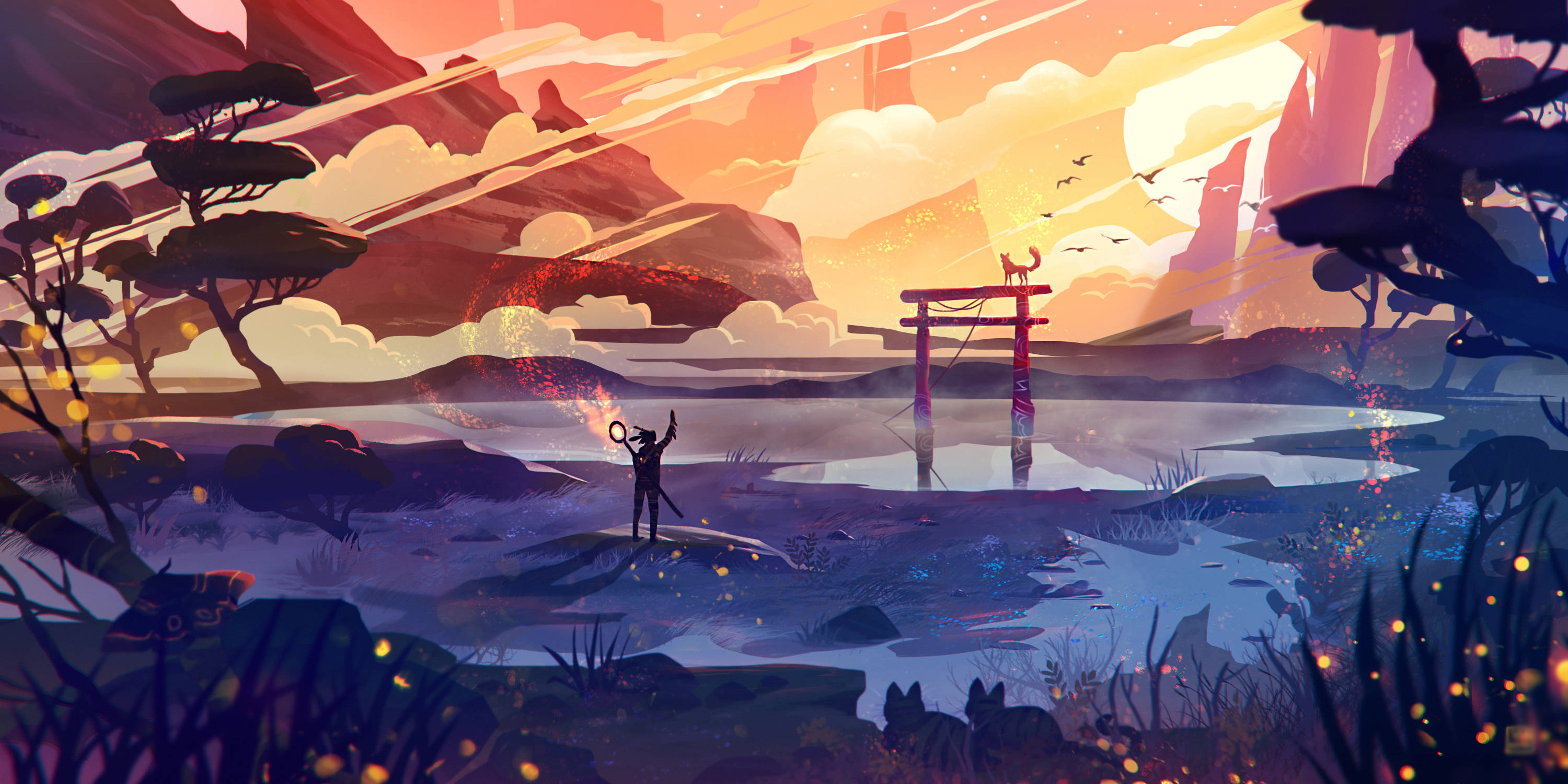 torii gate, sunset, glowing, 2K Desktop Wallpaper