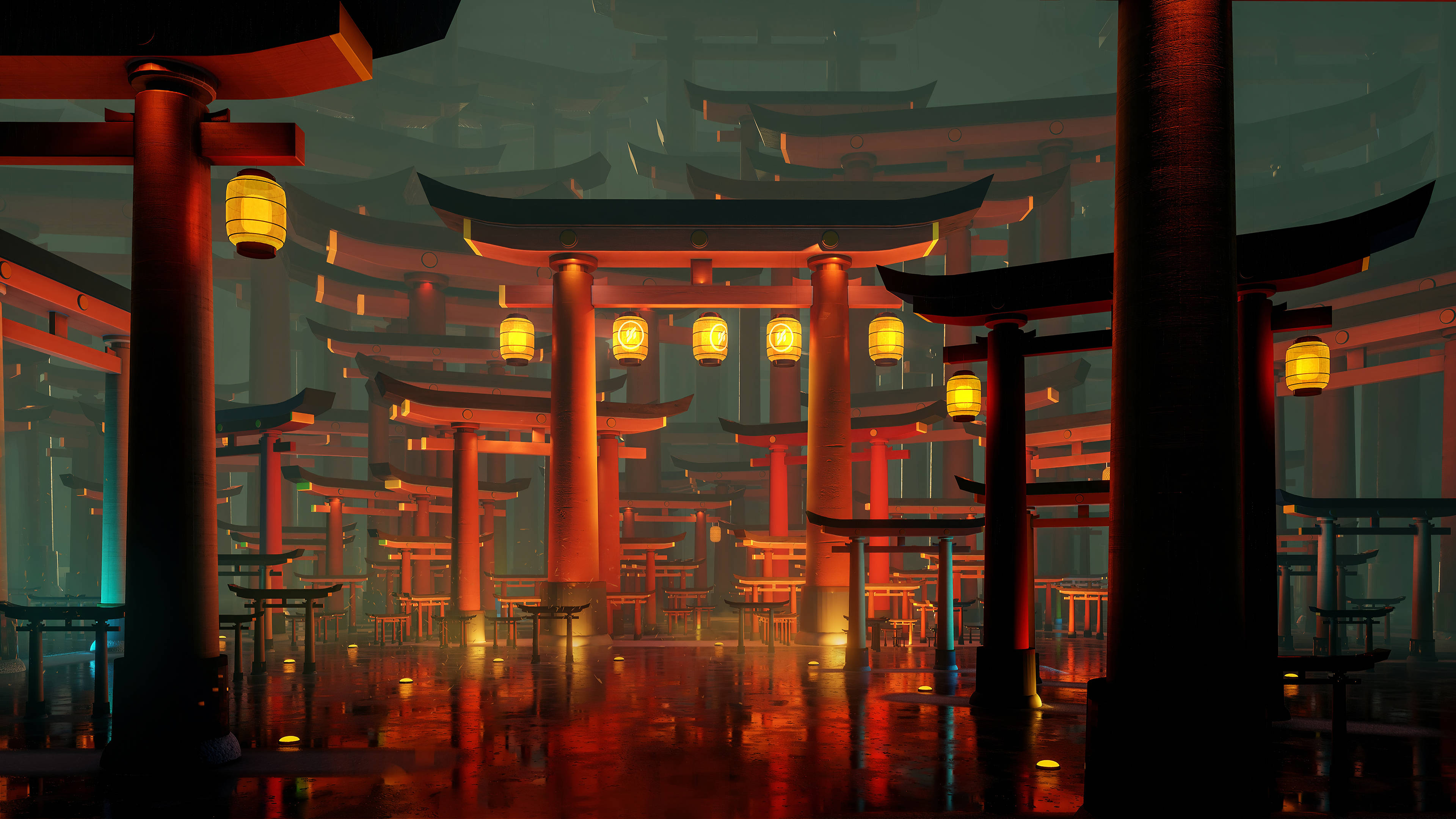 multiple torii gate, glowing red torii gates, misty night, 4K Desktop Wallpaper