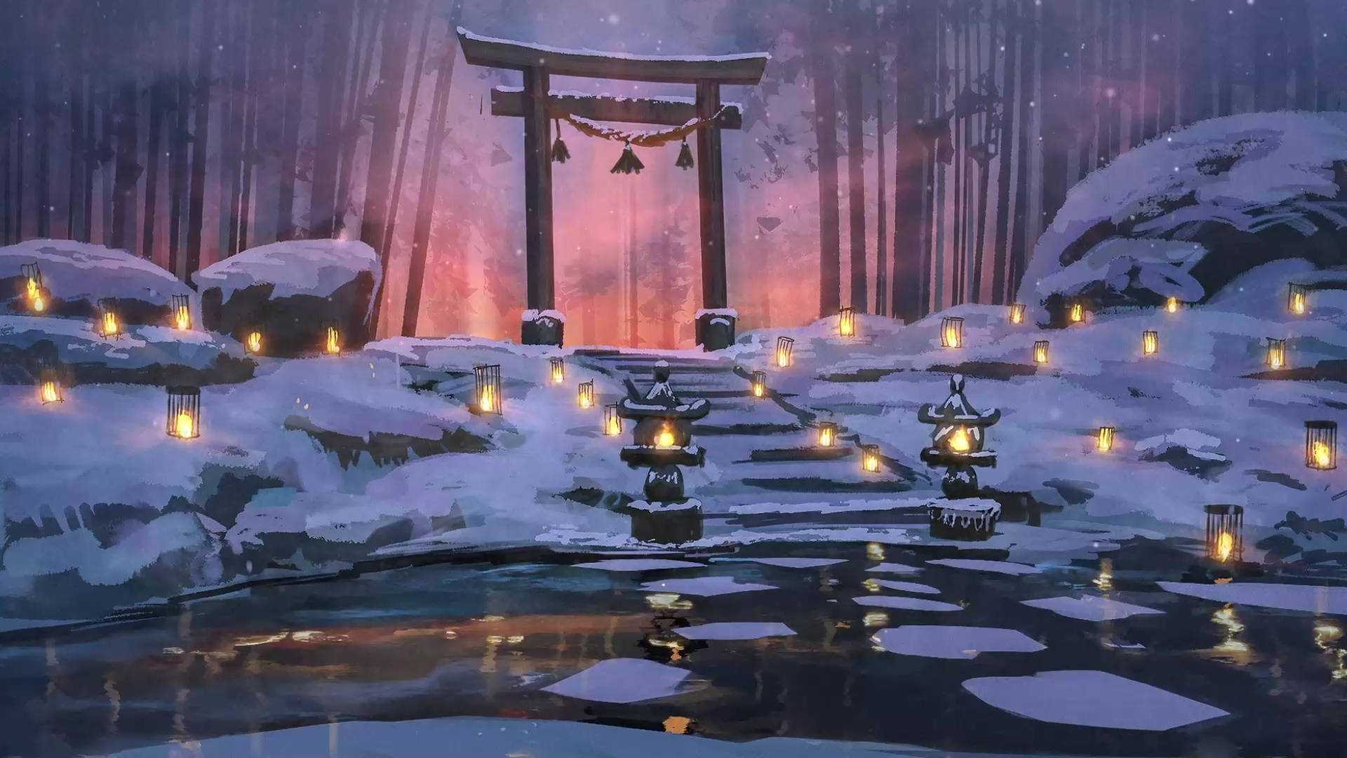 torii gate, lanterns, icy water, Full HD Desktop Wallpaper