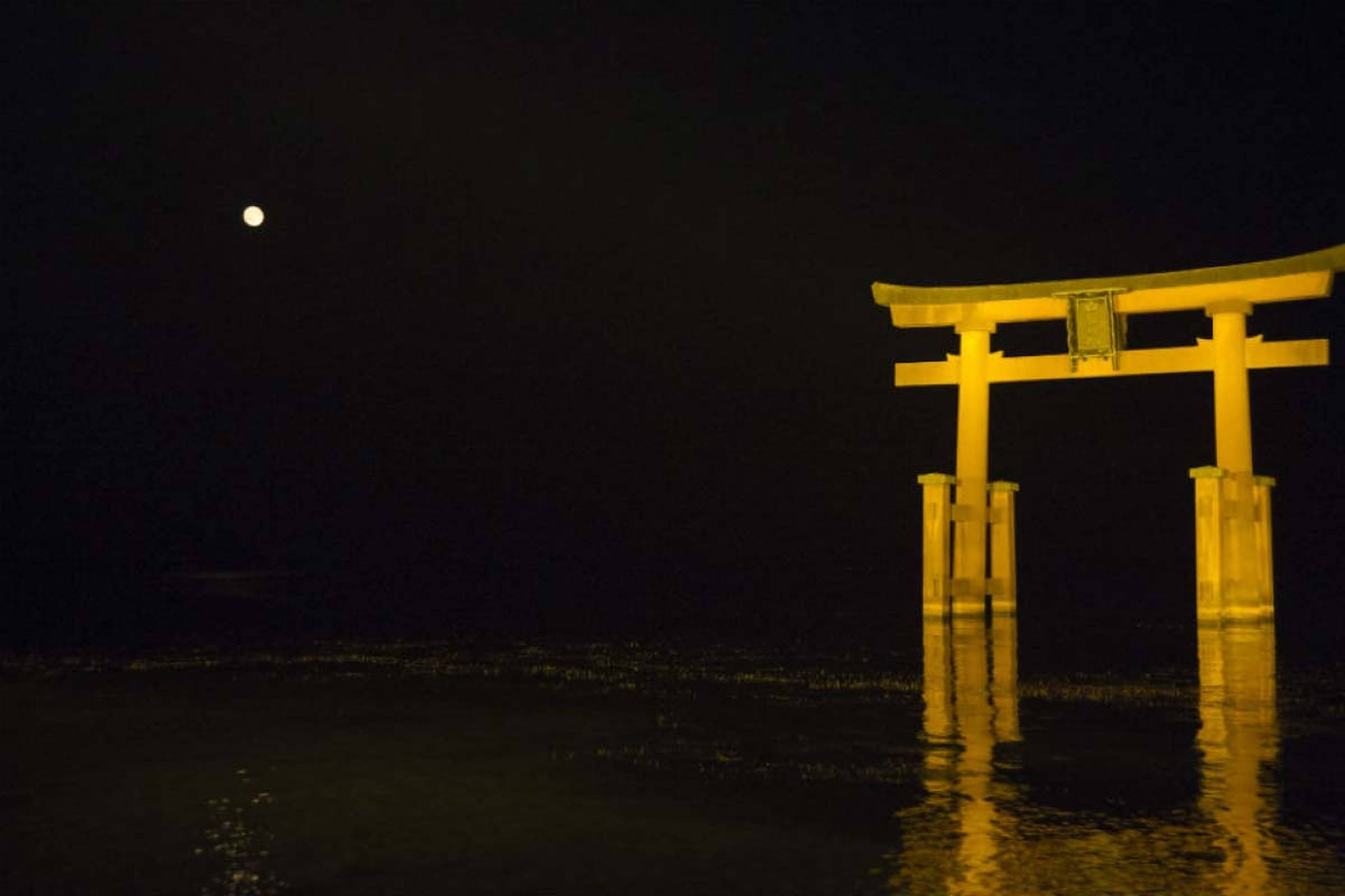 torii gate, night, glowing yellow, Full HD Desktop Wallpaper