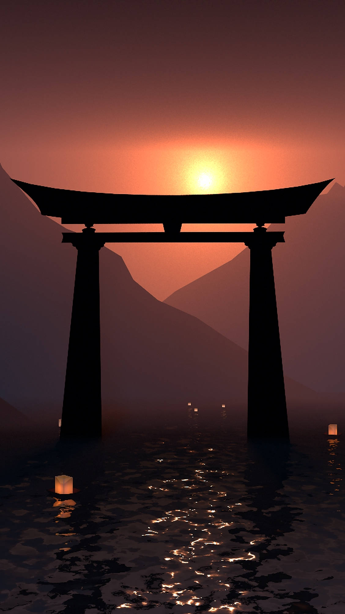 torii gate, silhouette, glowing sunset, Full HD Phone Wallpaper