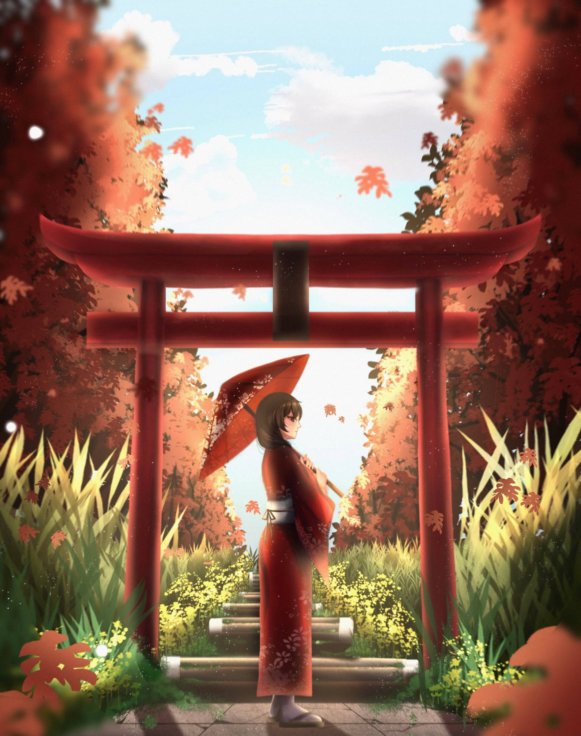 torii gate, red kimono, matching umbrella, Full HD Phone Wallpaper