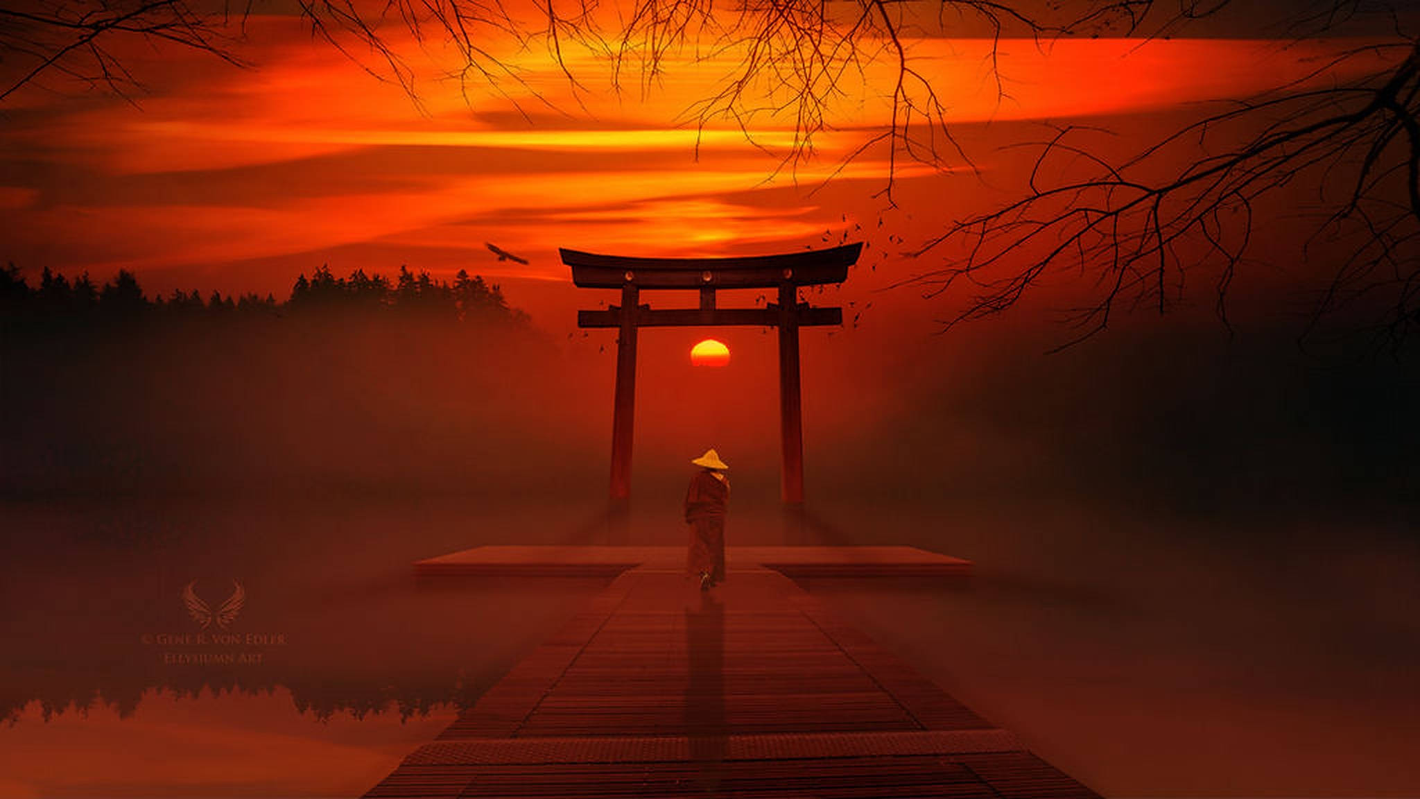 torii gate, red sunset, conical hat, Full HD Desktop Wallpaper