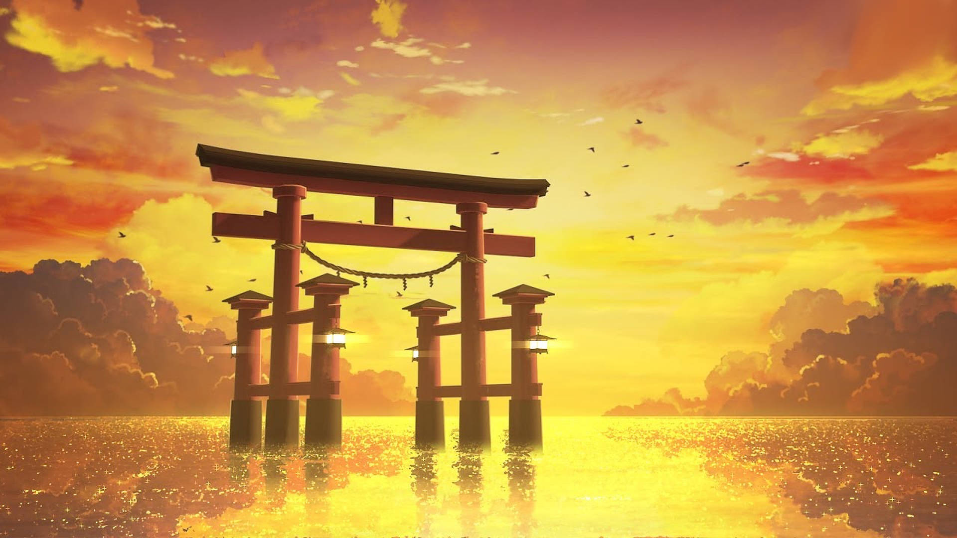 orange gradient sunset, torii gate, red torii gate, Full HD Desktop Wallpaper