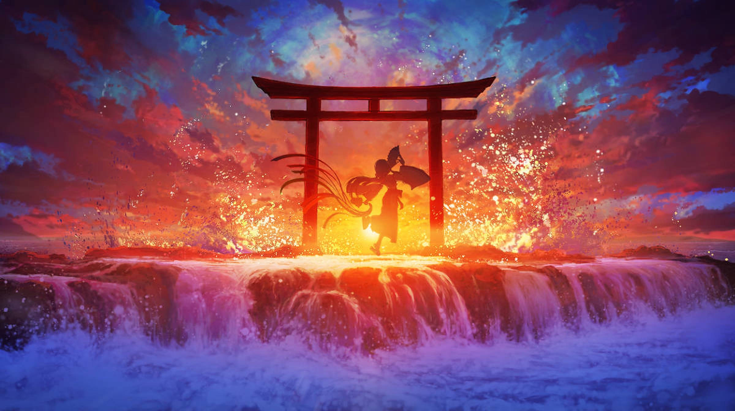 torii gate, fiery sparks, vibrant sunset sky, Full HD Desktop Wallpaper