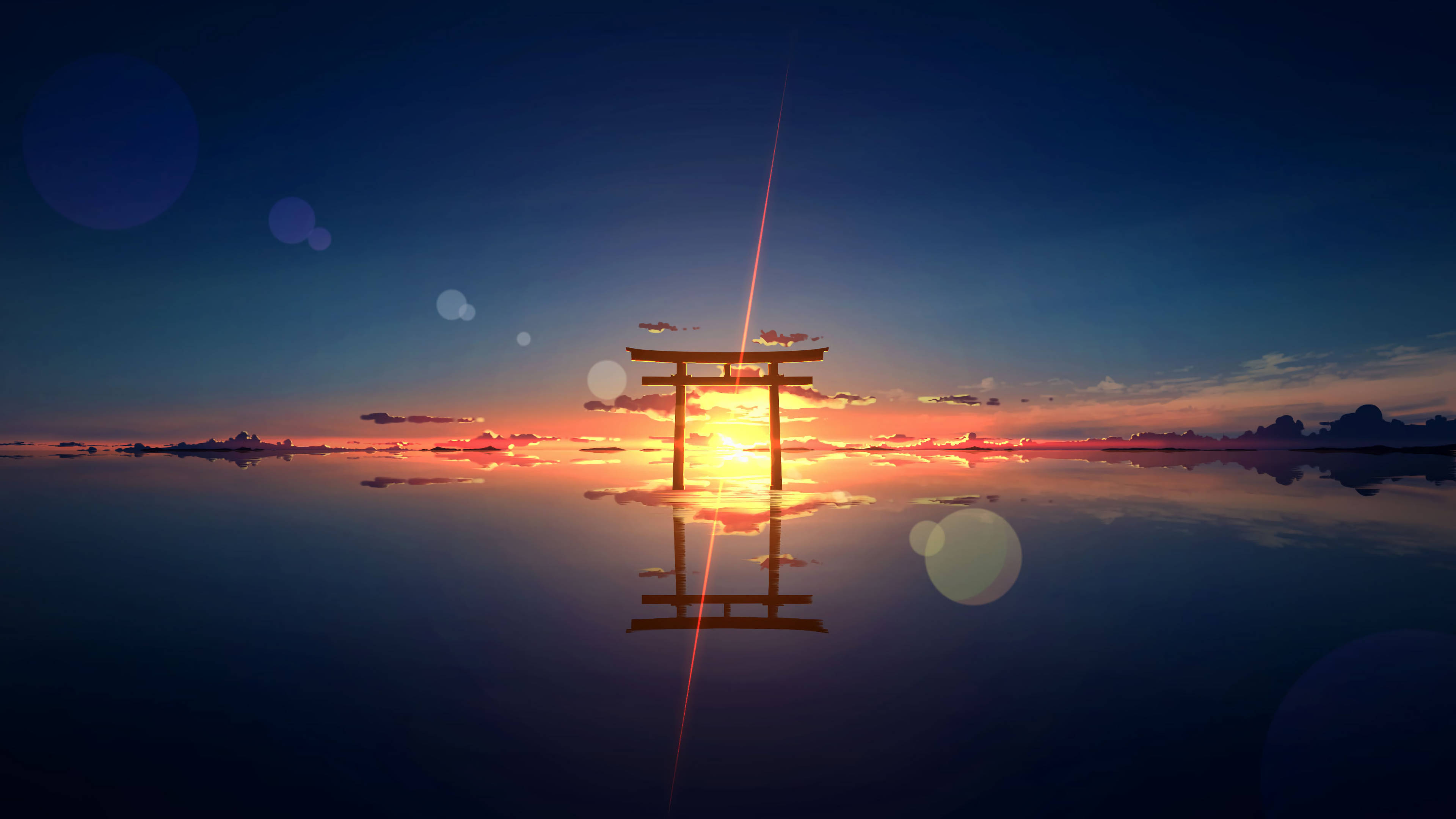torii gate, serene waters, sunset, 4K Desktop Wallpaper