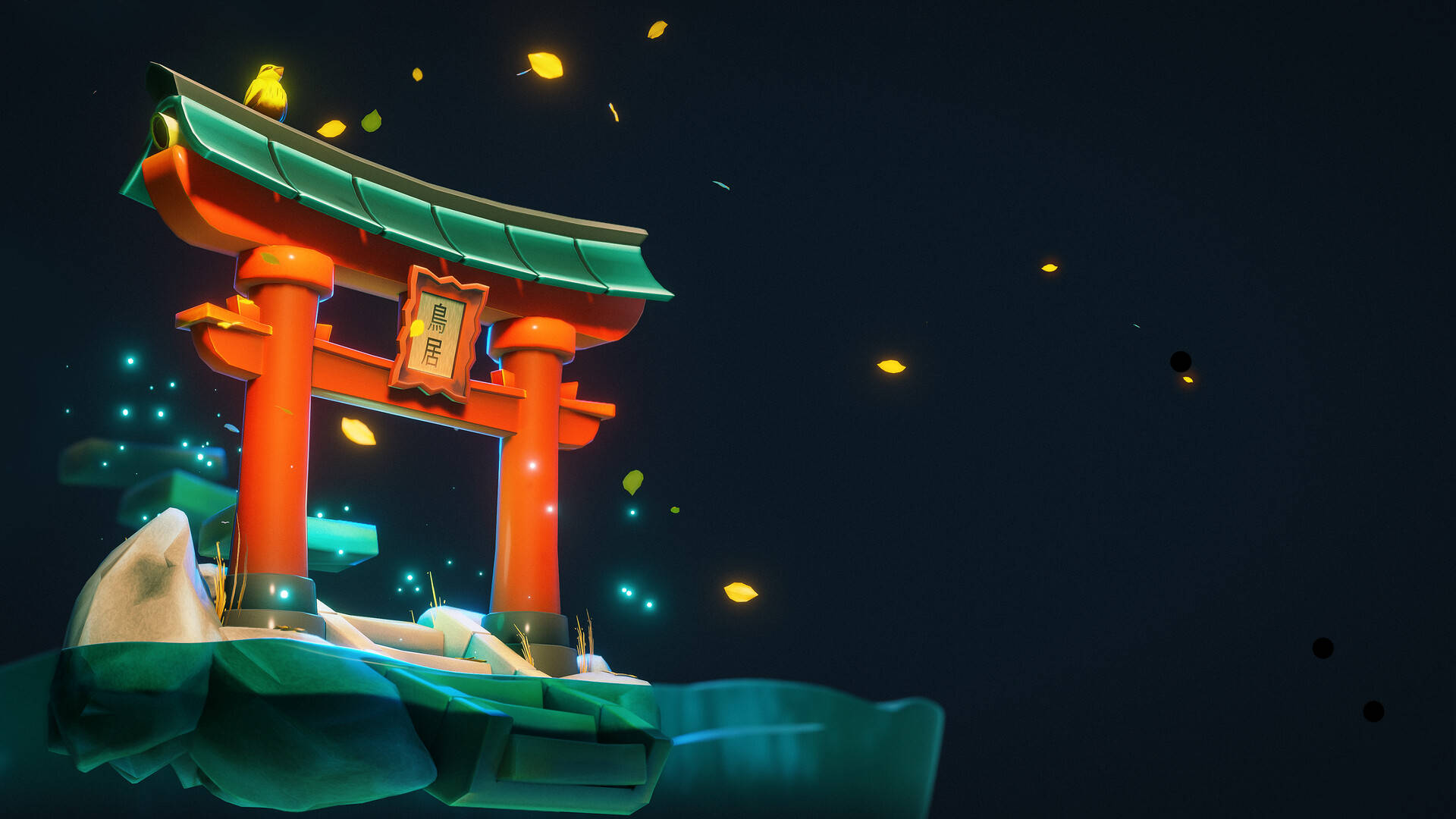 torii gate, glowing red, teal wave, Full HD Desktop Wallpaper