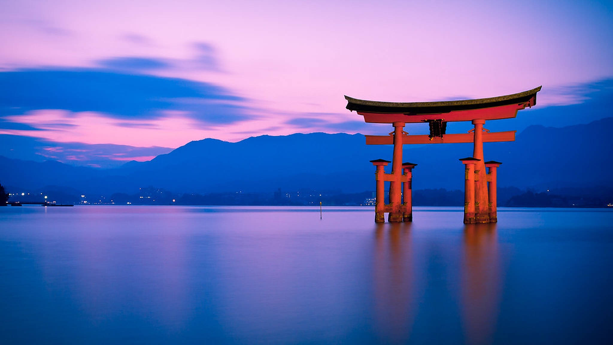 torii gate, purple gradient, blue hues, Full HD Desktop Wallpaper