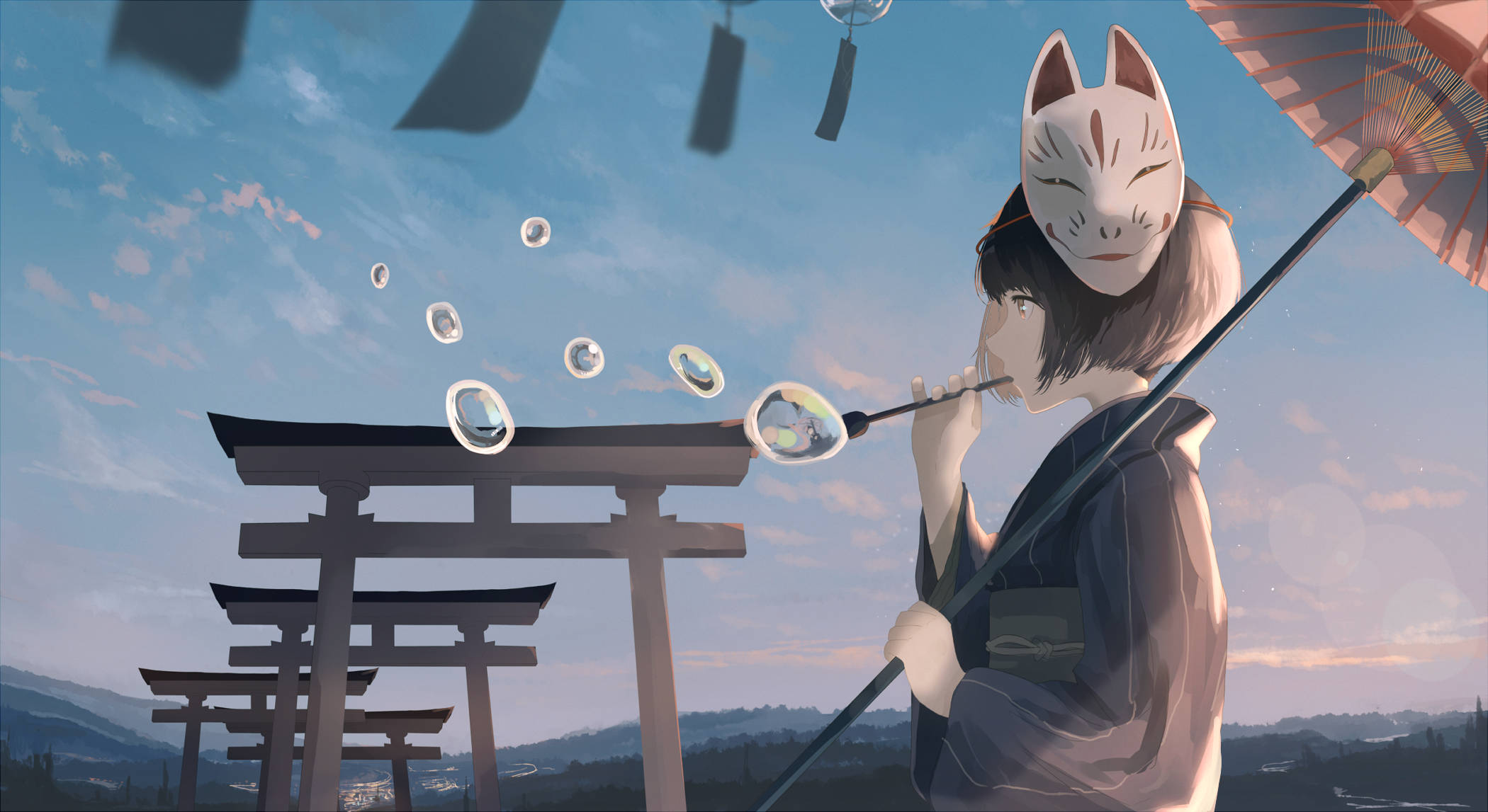 torii gate, kitsune, fox mask, Full HD Desktop Wallpaper