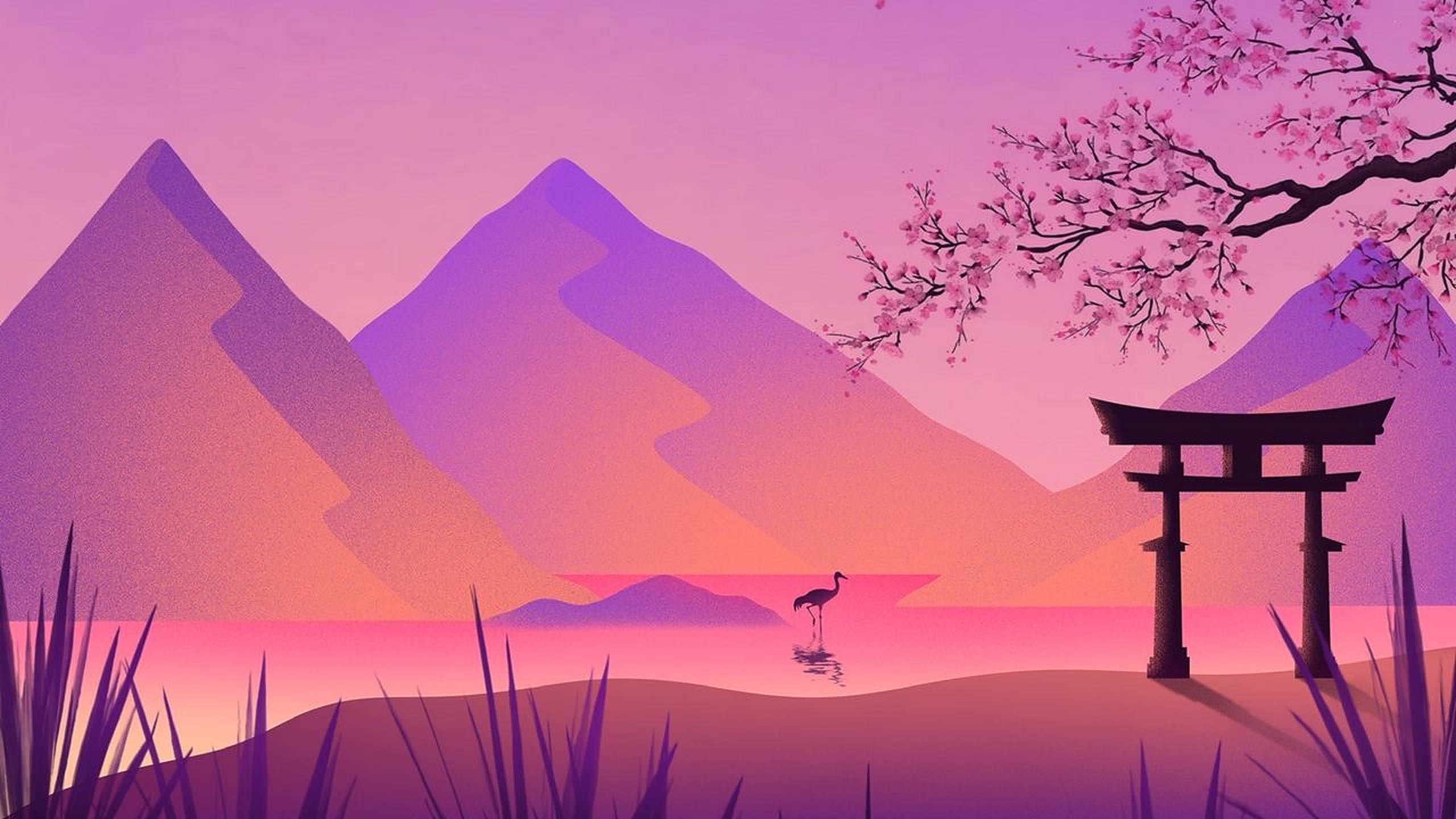 torii gate, cherry blossoms, crane, 2K Desktop Wallpaper