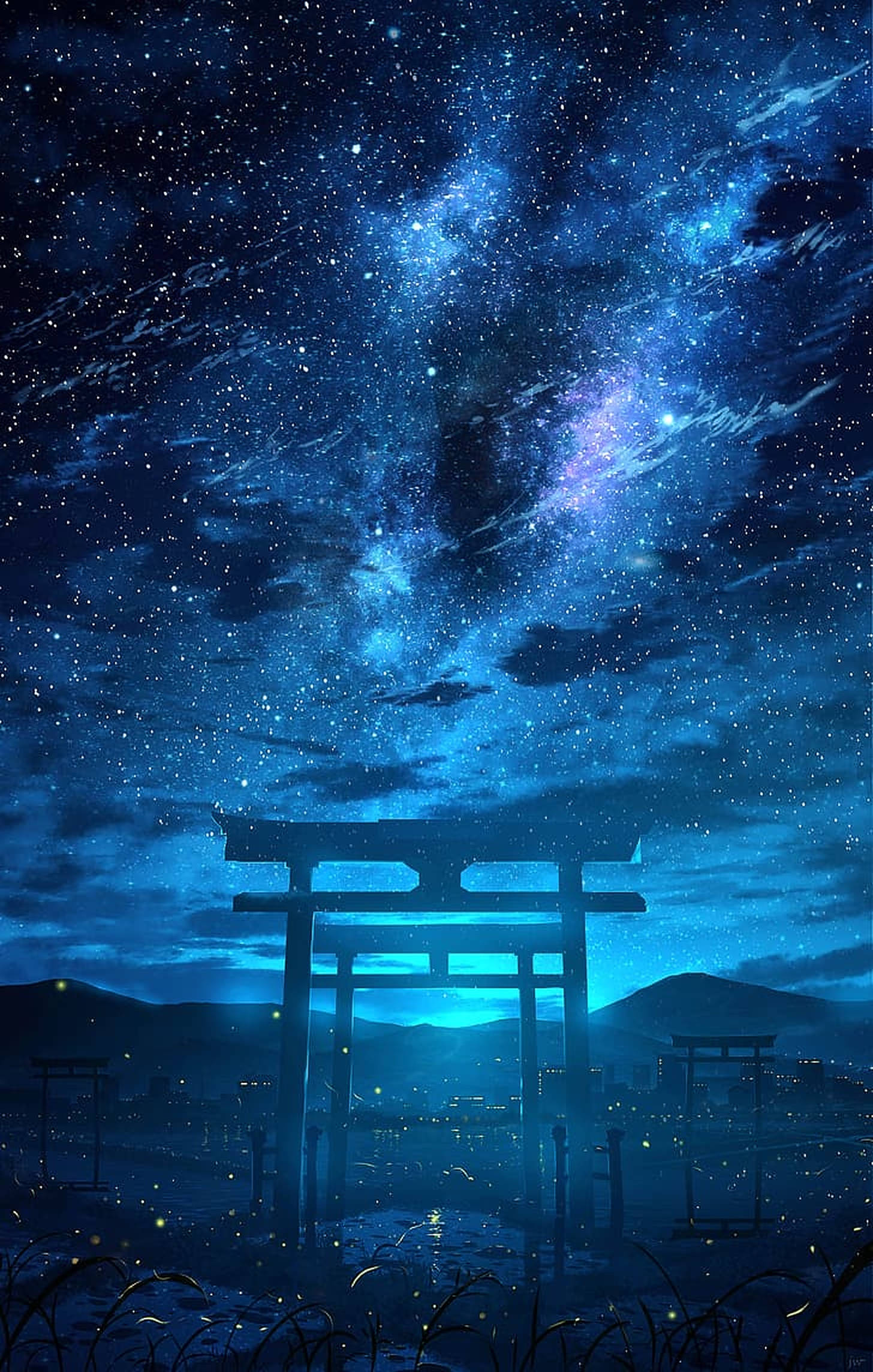 Torii Gate Galaxy, starry night sky, cosmic blue nebulae, Full HD Phone Wallpaper
