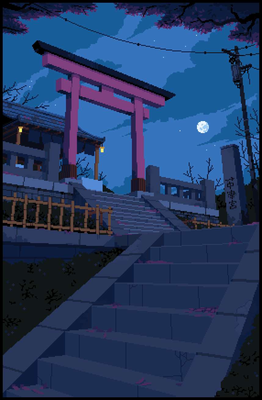 8 Bit Japan, Torii, full moon, HD Phone Wallpaper